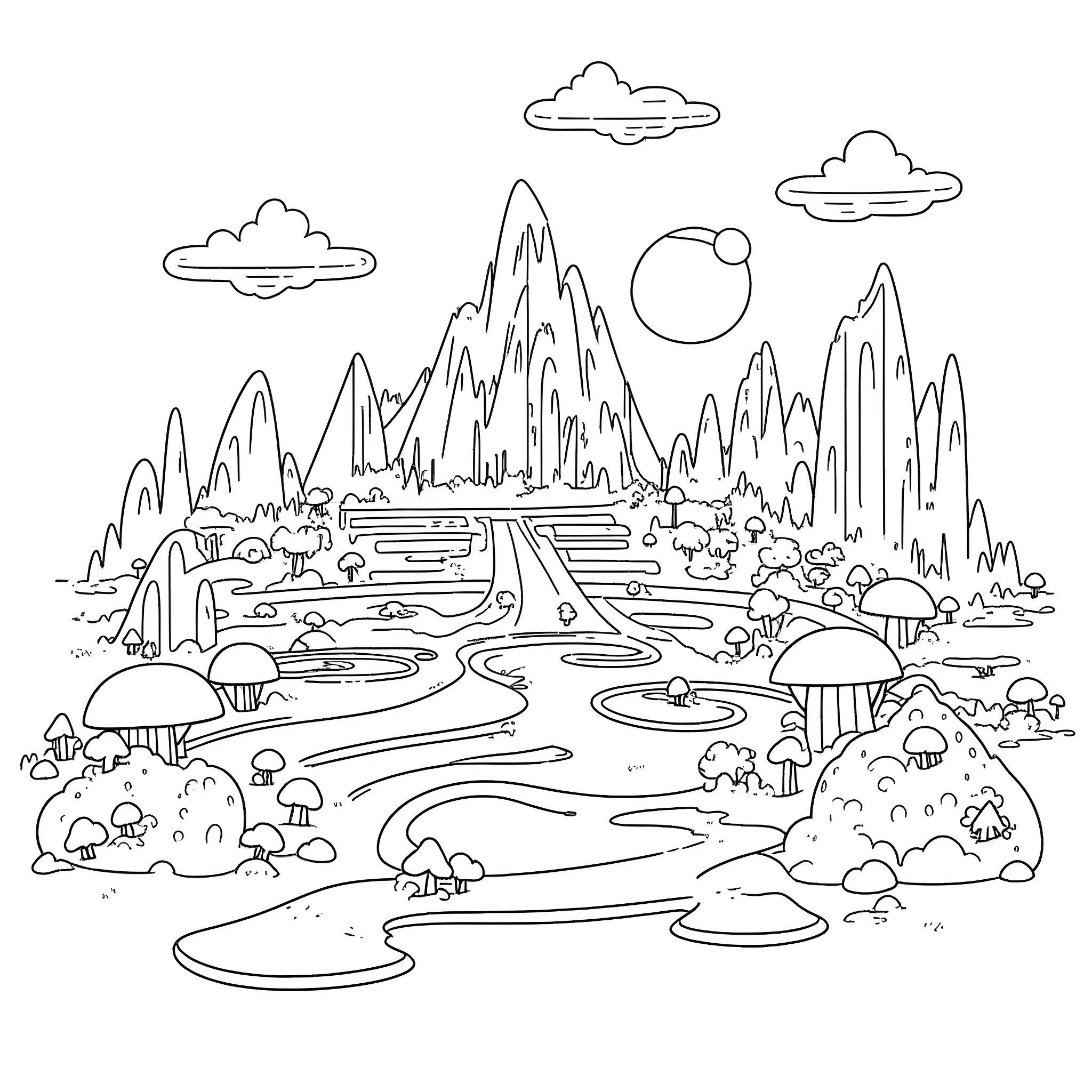 Minecraft mountainous landscape with lakes and mushrooms Coloring Page (free black-and-white line drawing printable PDF for all, from beginners to advanced learners, including children, teens, adults, and seniors)