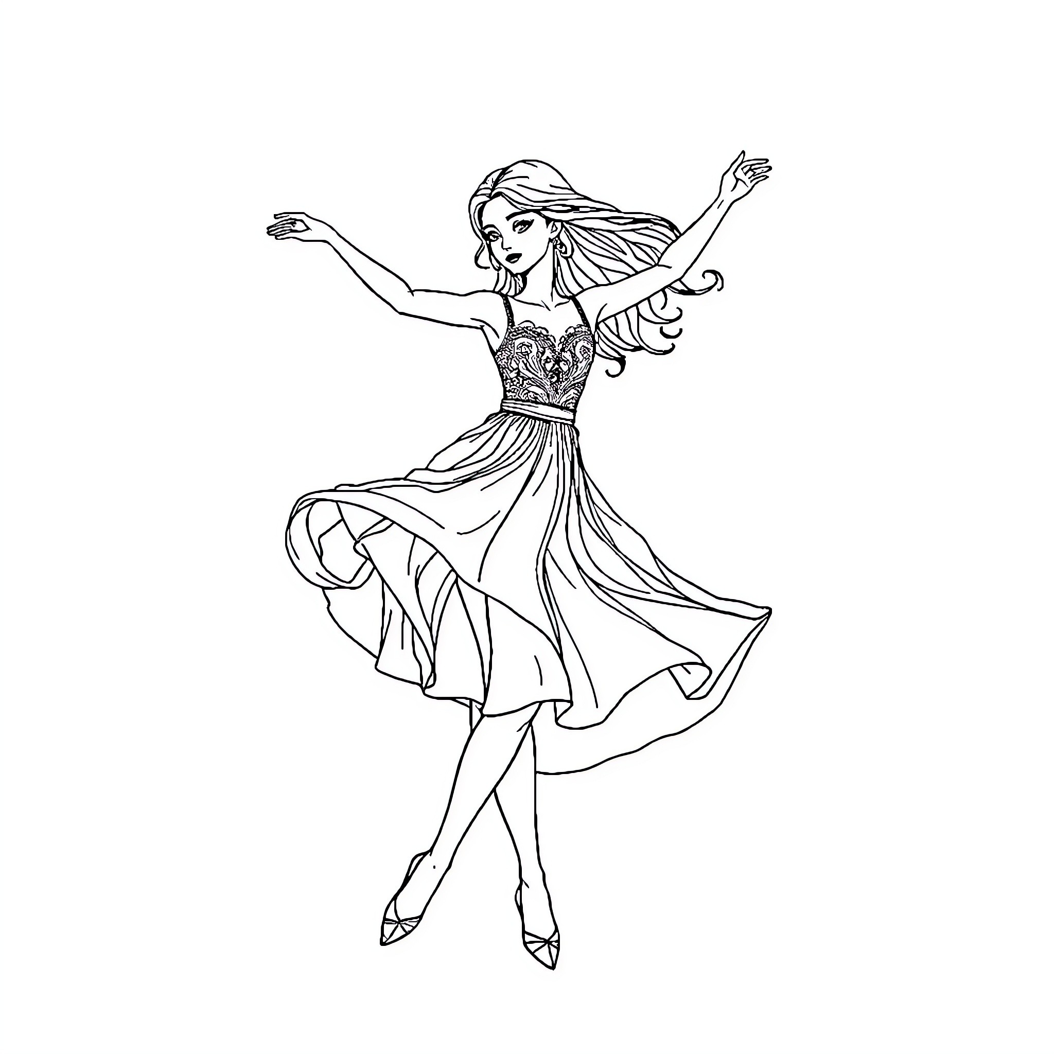Girl dancing joyfully in flowing dress Coloring Page (free black-and-white line drawing printable PDF for all, from beginners to advanced learners, including children, teens, adults, and seniors)
