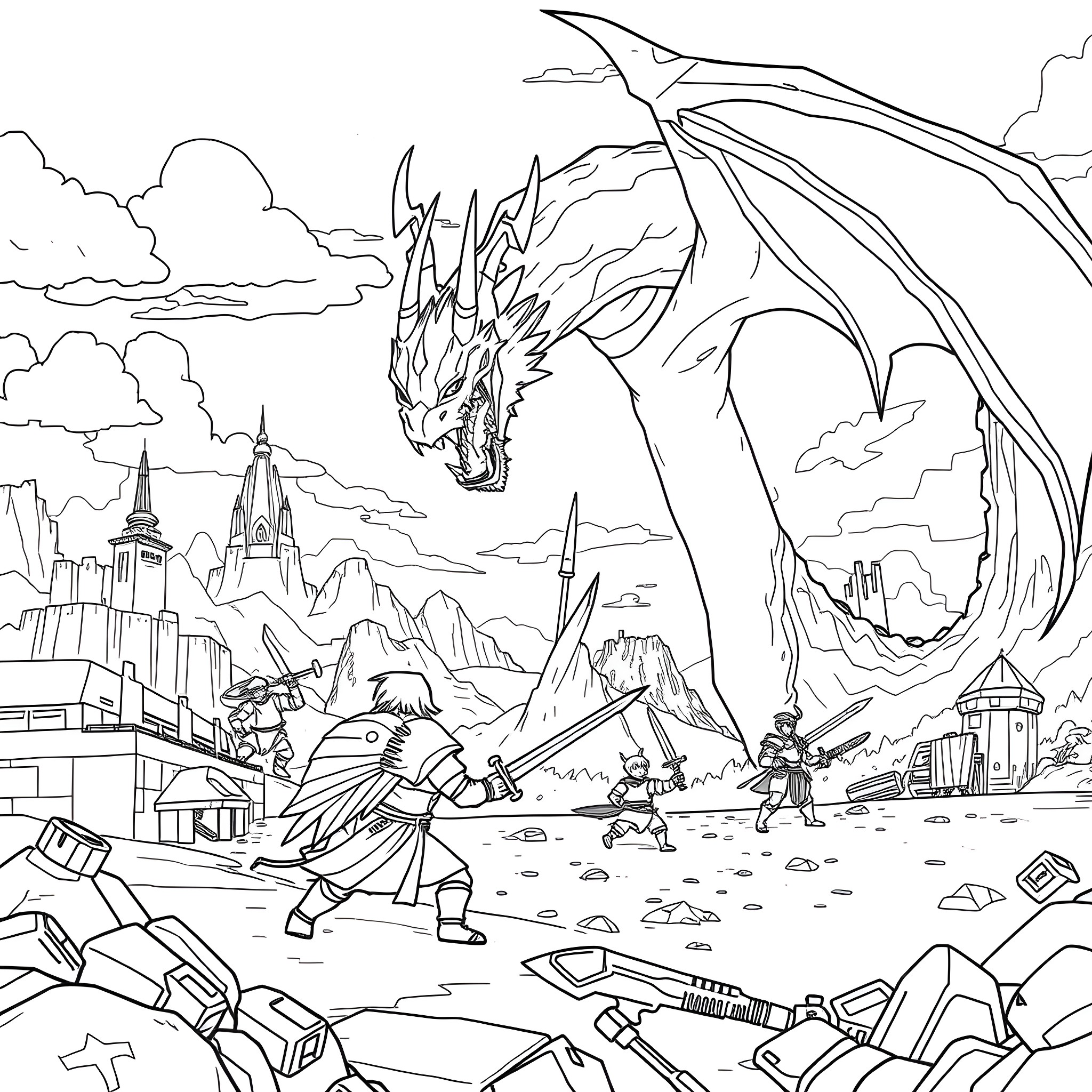 Enderdragon engaging in epic battle with armed warriors Coloring Page (free black-and-white line drawing printable PDF for all, from beginners to advanced learners, including children, teens, adults, and seniors)