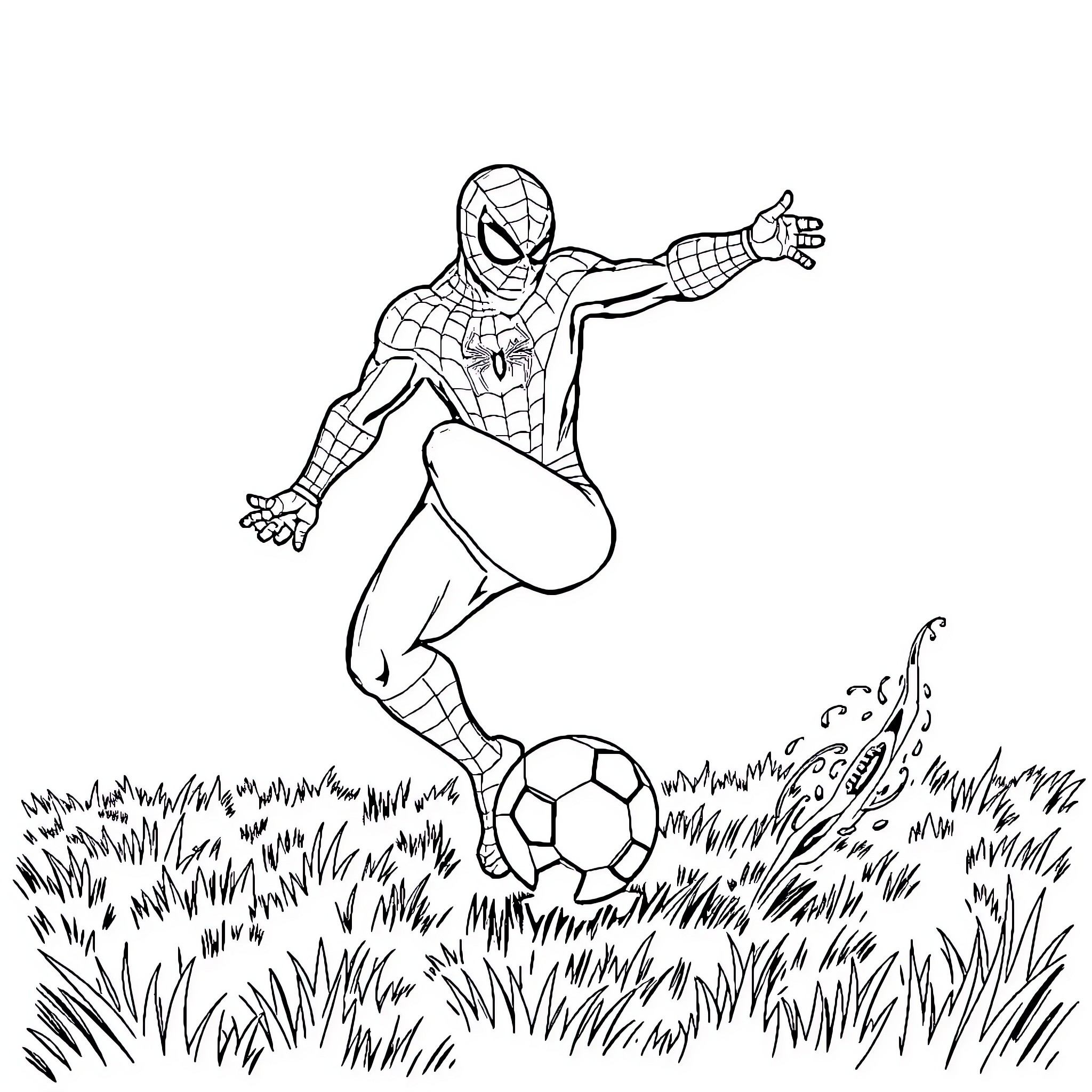 Spiderman playing with soccer ball in the park Coloring Page (free black-and-white line drawing printable PDF for all, from beginners to advanced learners, including children, teens, adults, and seniors)