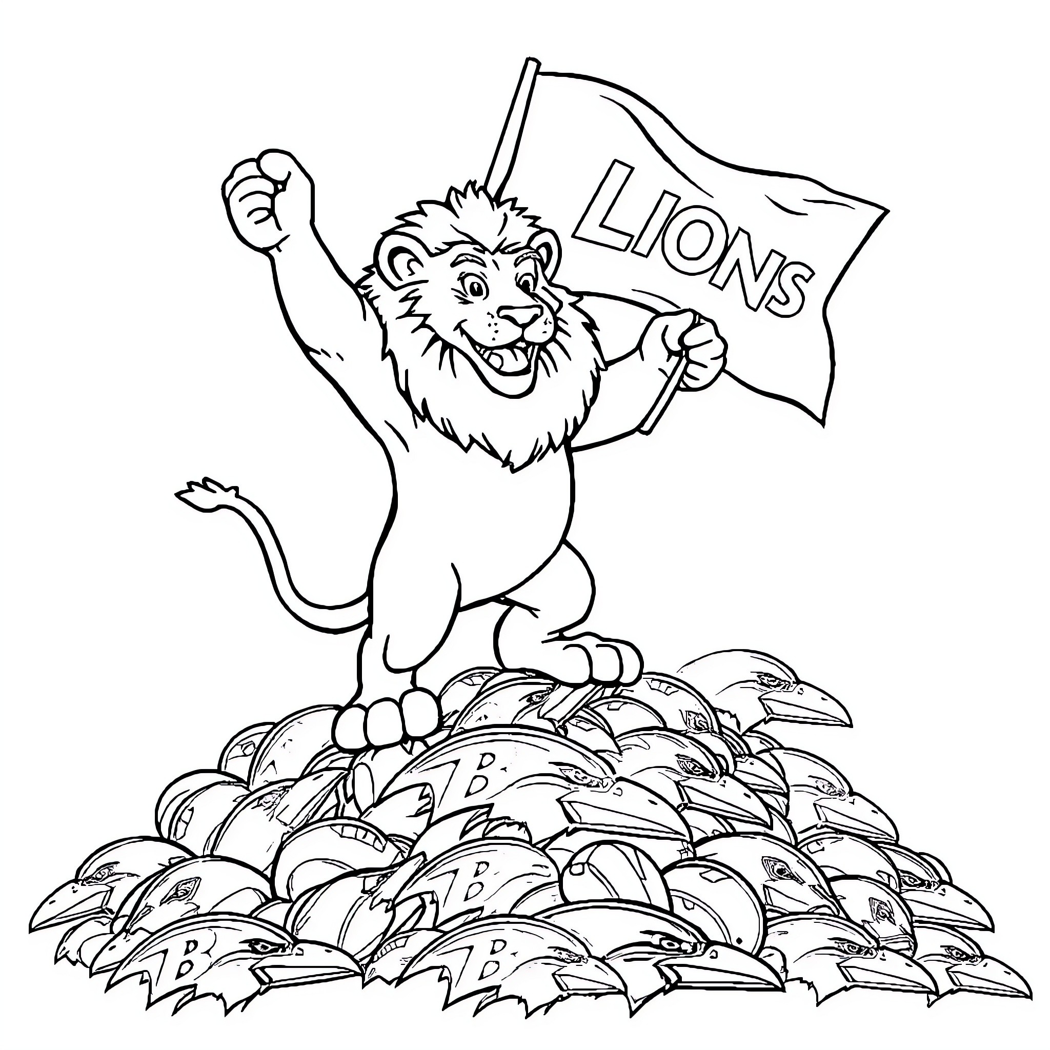 Mascot lion cheering on a pile of leaves Coloring Page (free black-and-white line drawing printable PDF for all, from beginners to advanced learners, including children, teens, adults, and seniors)