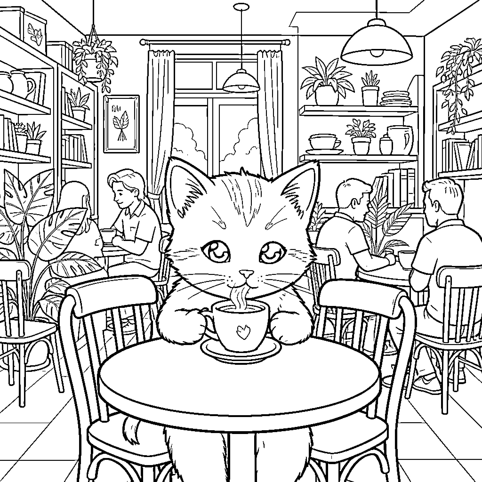Cat enjoying a cozy cafe visit Coloring Page (free black-and-white line drawing printable PDF for all, from beginners to advanced learners, including children, teens, adults, and seniors)