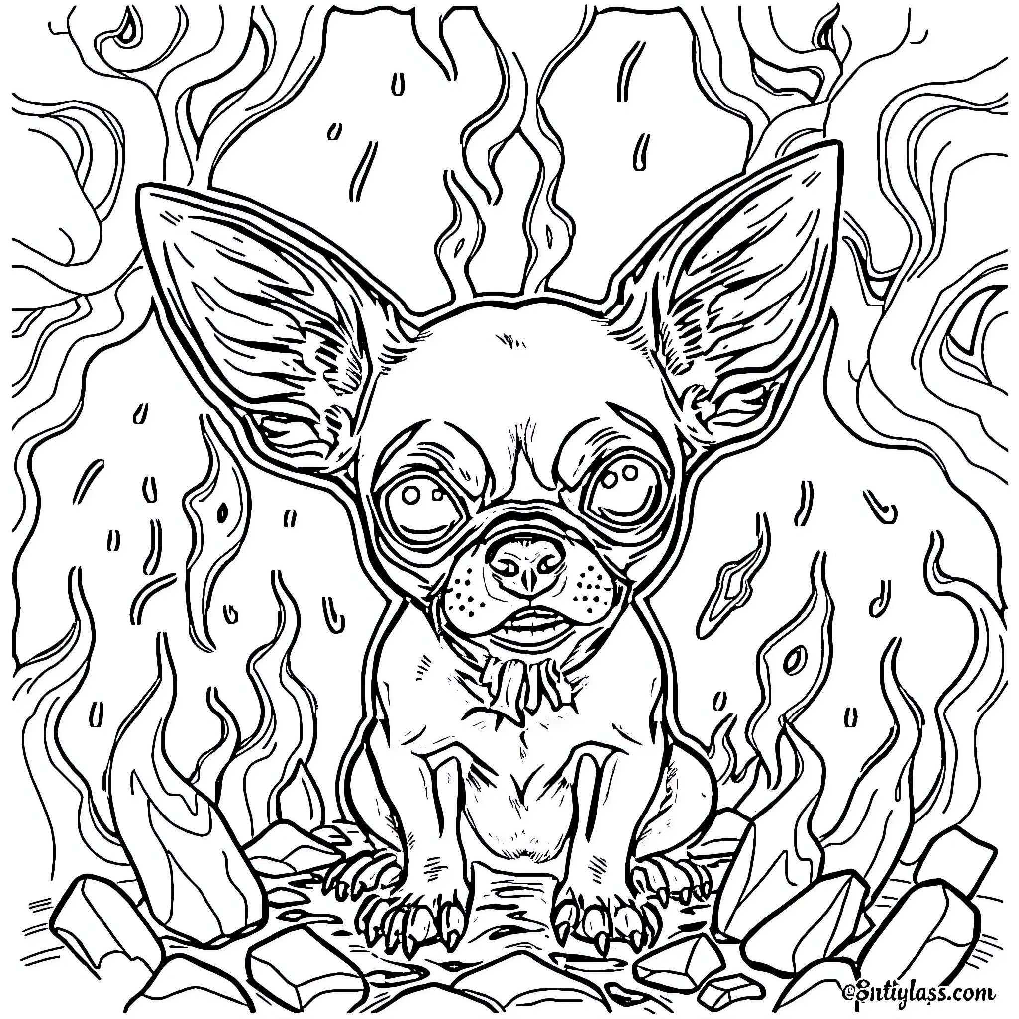 Chihuahua pup surrounded by whimsical shapes and patterns Coloring Page (free black-and-white line drawing printable PDF for all, from beginners to advanced learners, including children, teens, adults, and seniors)