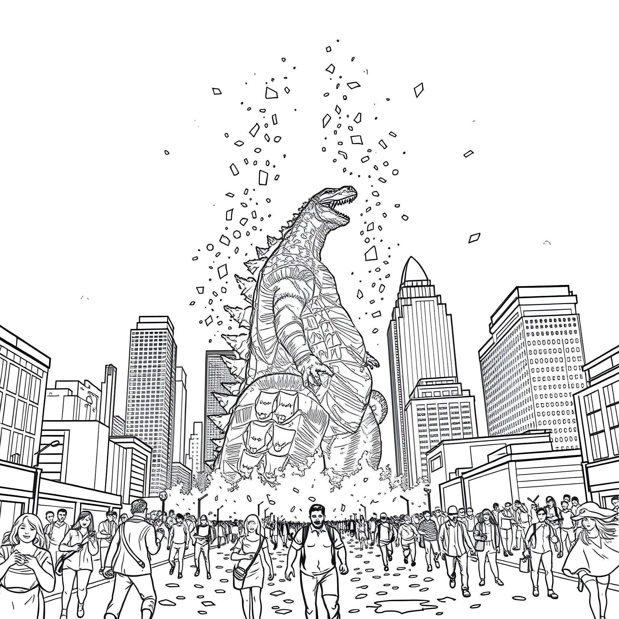 Godzilla Rampaging Through a Bustling City Coloring Page (free black-and-white line drawing printable PDF for all, from beginners to advanced learners, including children, teens, adults, and seniors)