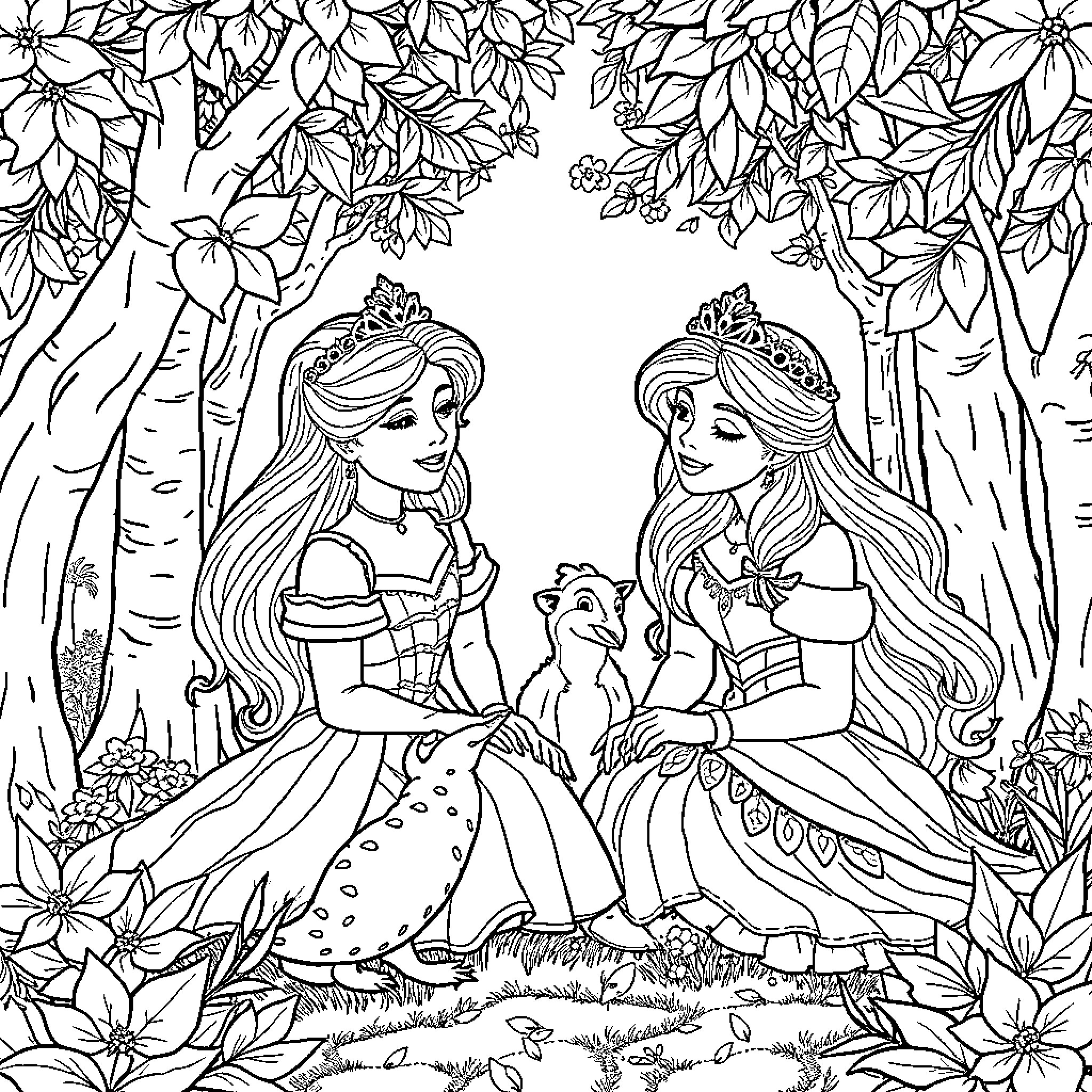 Princesses Exploring the Enchanted Forest Coloring Page (free black-and-white line drawing printable PDF for all, from beginners to advanced learners, including children, teens, adults, and seniors)