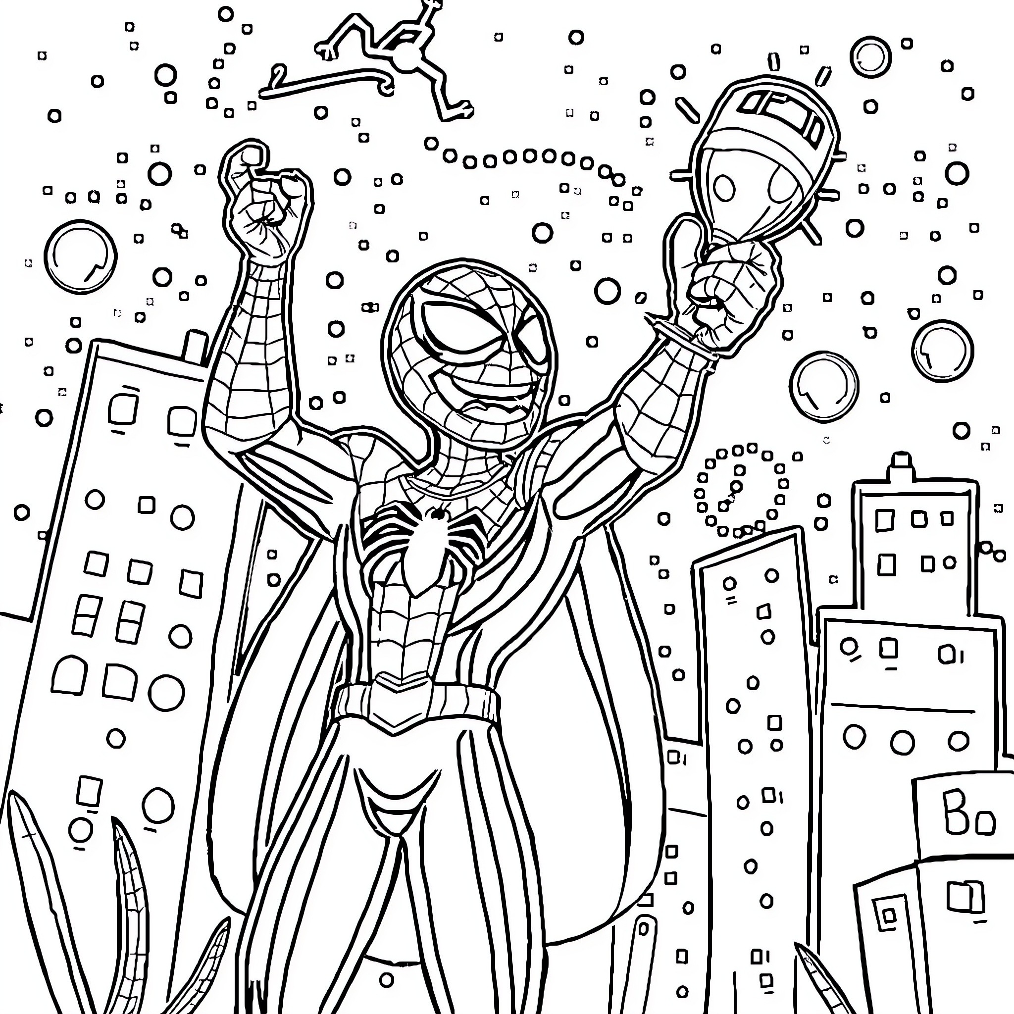 Bob esponja: Spiderman swinging through the city Coloring Page (free black-and-white line drawing printable PDF for all, from beginners to advanced learners, including children, teens, adults, and seniors)
