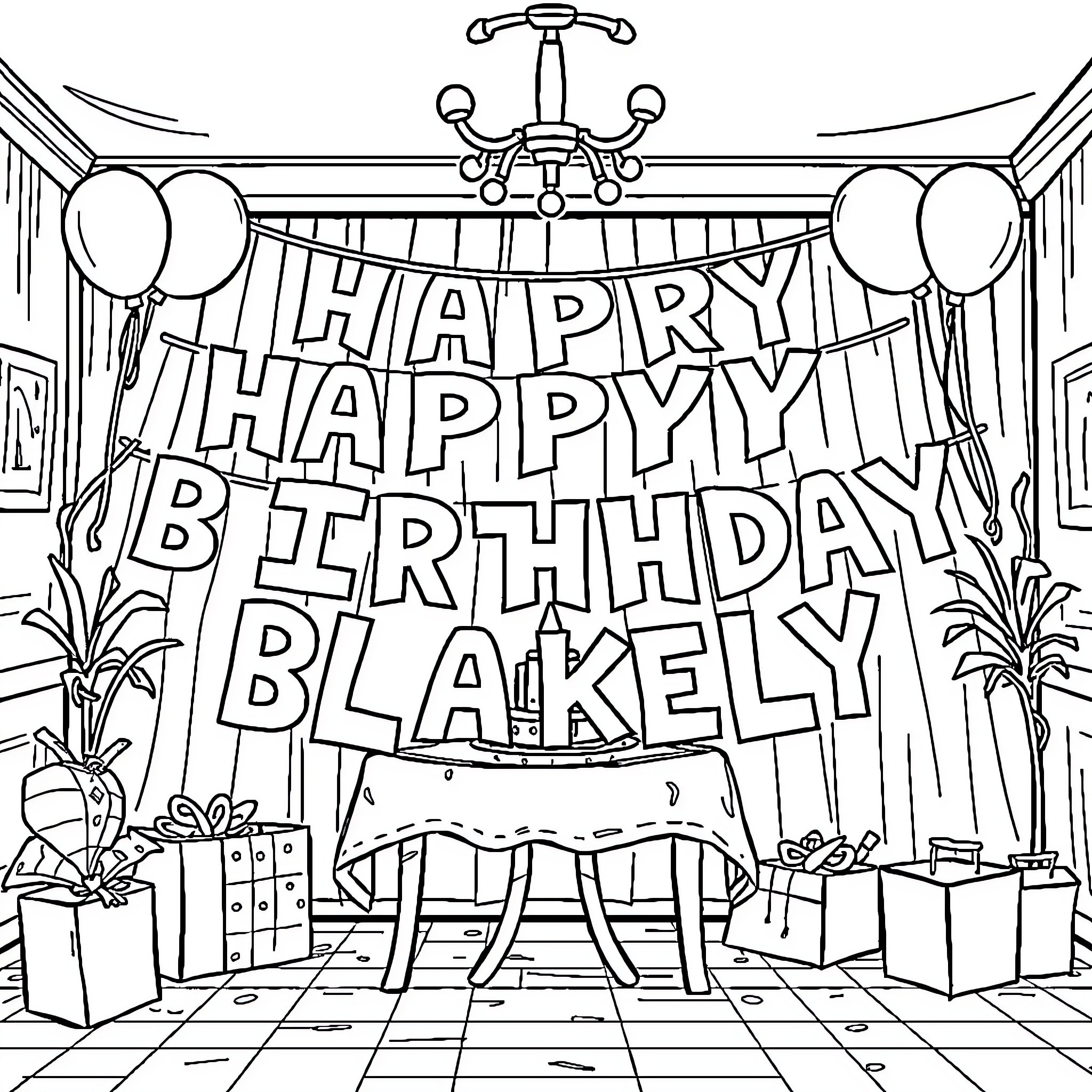 Birthday Celebration for Blakely Coloring Page (free black-and-white line drawing printable PDF for all, from beginners to advanced learners, including children, teens, adults, and seniors)