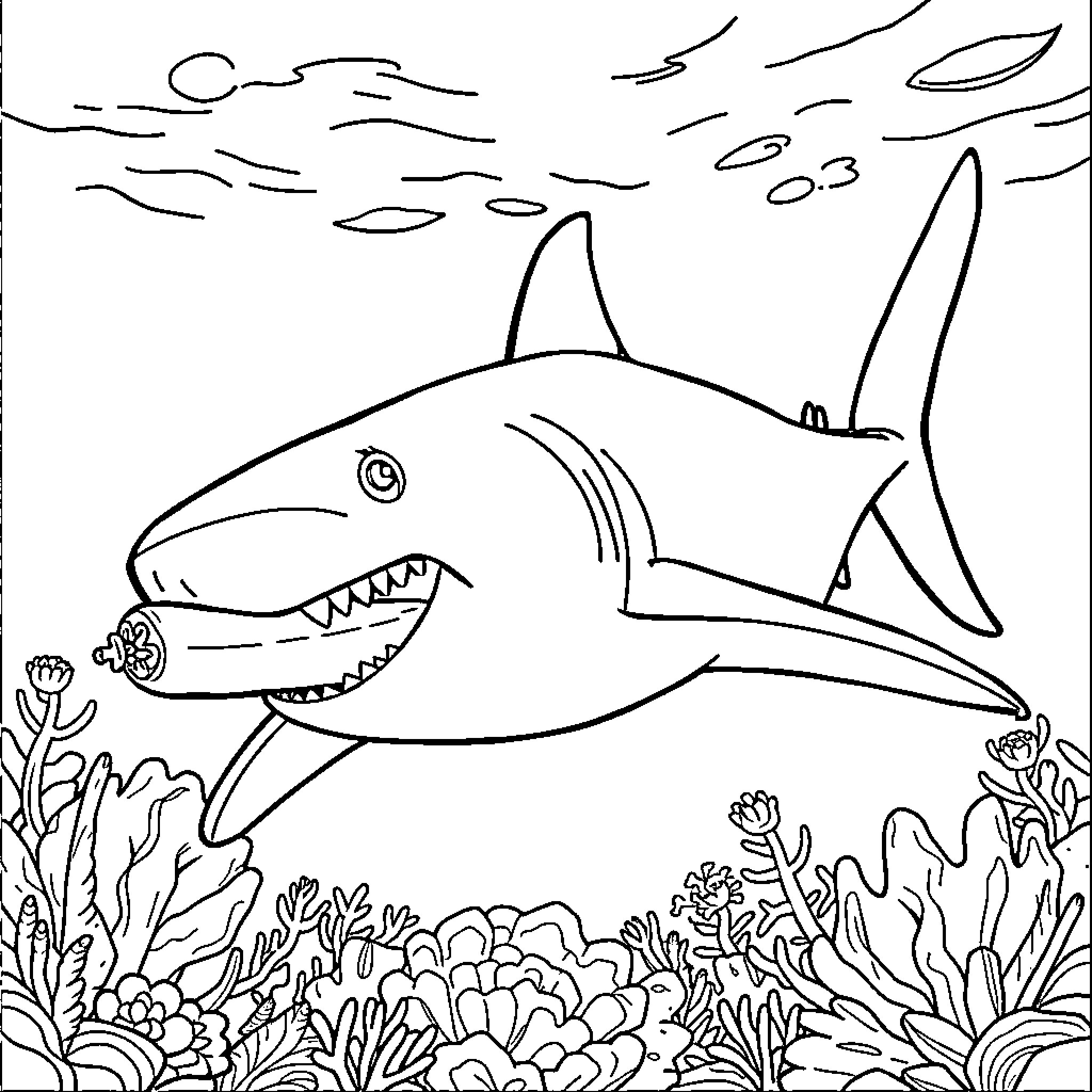 Shark hunting for prey in the ocean Coloring Page (free black-and-white line drawing printable PDF for all, from beginners to advanced learners, including children, teens, adults, and seniors)