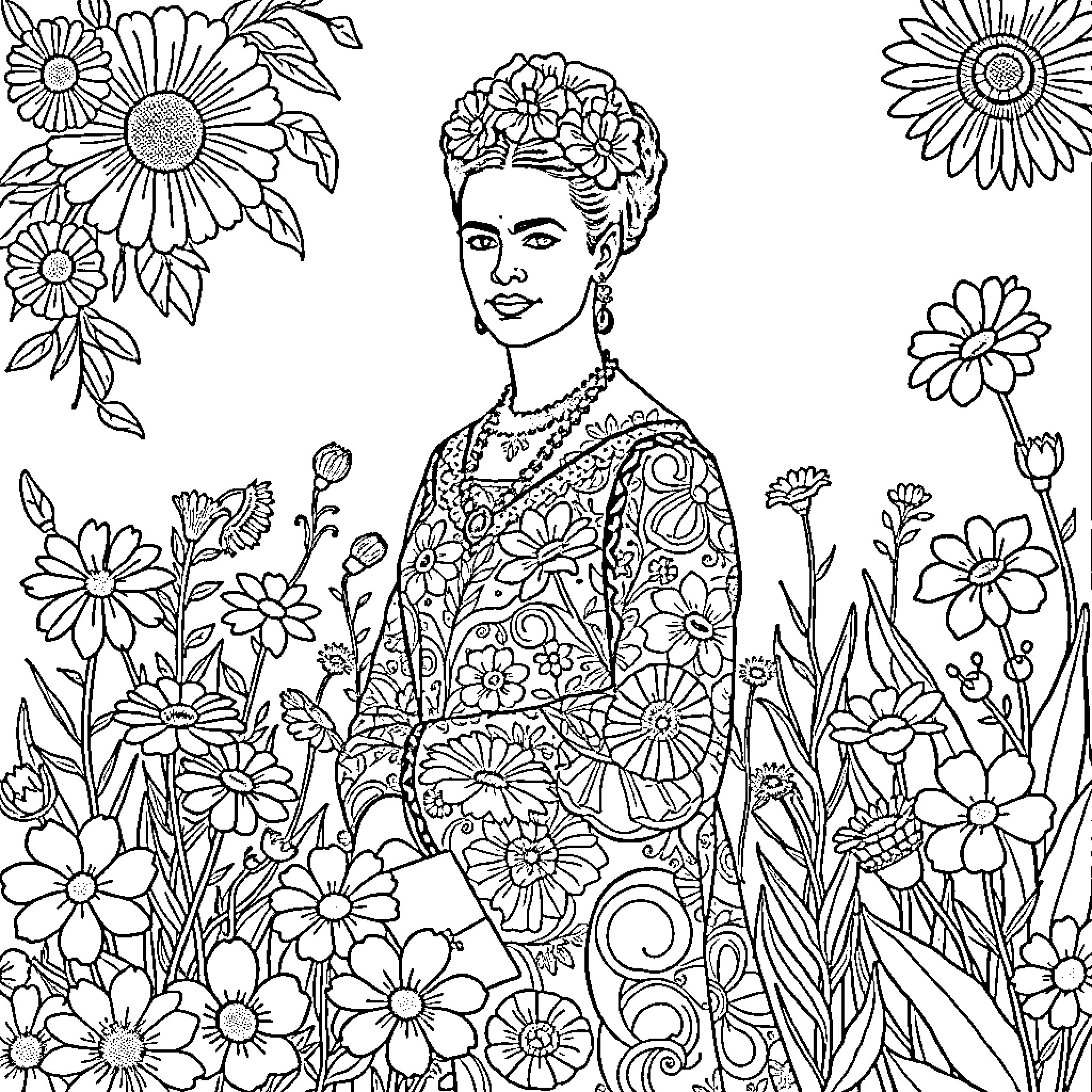 Frida Kahlo Surrounded by Vibrant Floral Abundance Coloring Page (free black-and-white line drawing printable PDF for all, from beginners to advanced learners, including children, teens, adults, and seniors)