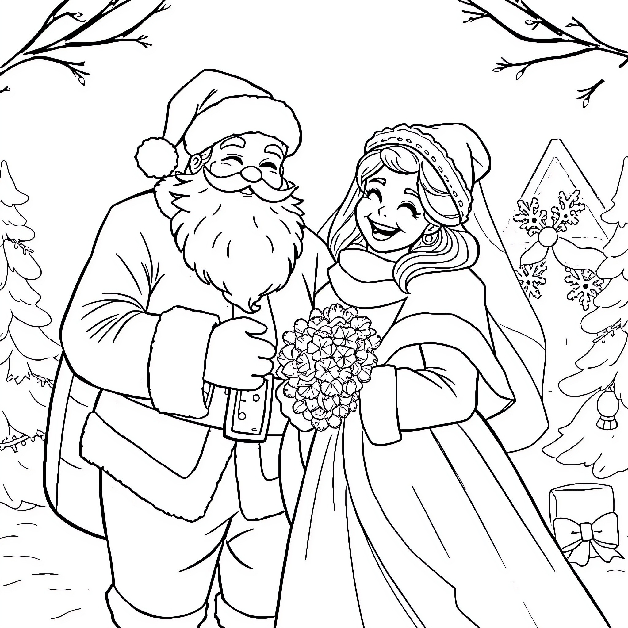 Santa and Mrs. Claus in a snowy winter scene Coloring Page (free black-and-white line drawing printable PDF for all, from beginners to advanced learners, including children, teens, adults, and seniors)