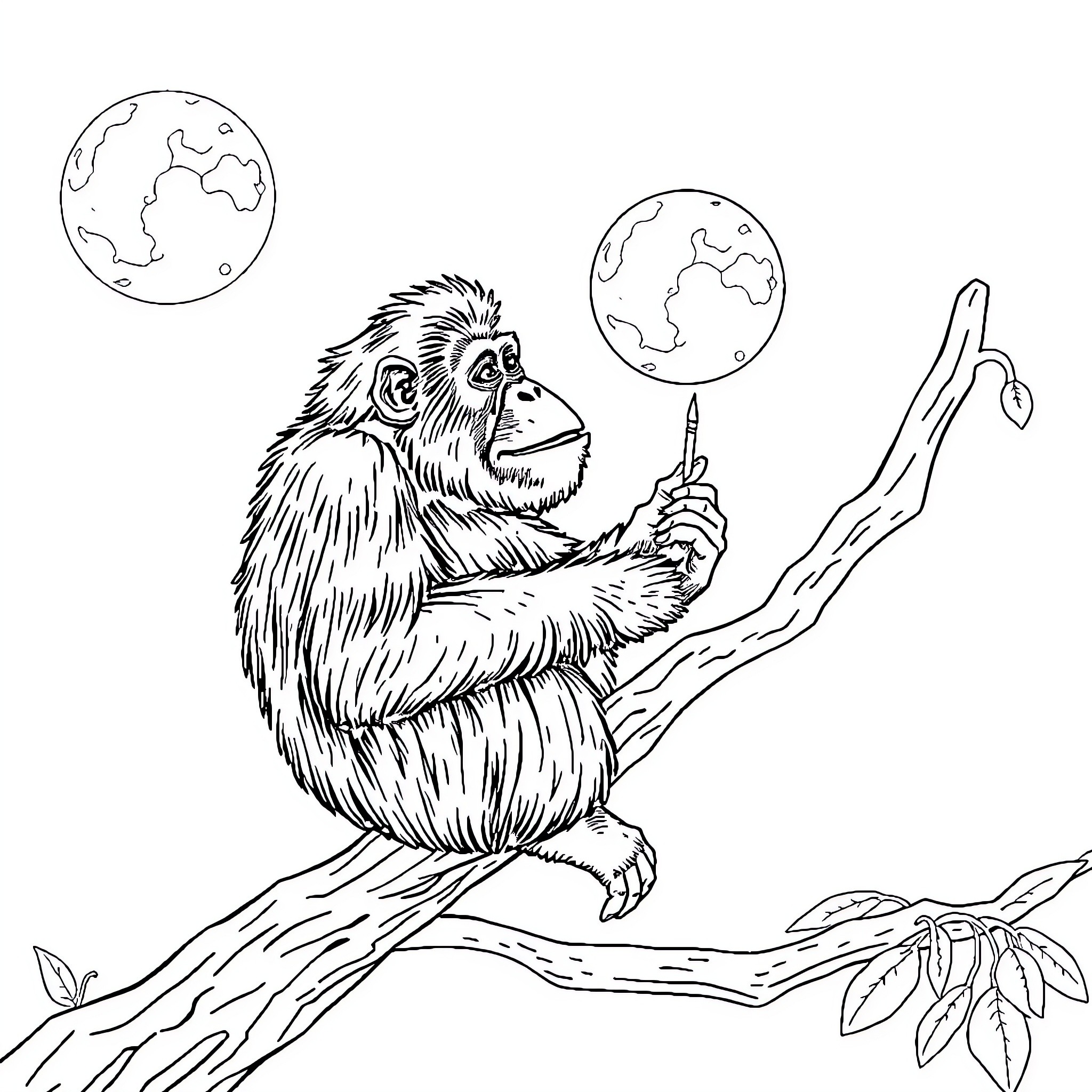 Orangutan pondering the Earth on a tree branch Coloring Page (free black-and-white line drawing printable PDF for all, from beginners to advanced learners, including children, teens, adults, and seniors)
