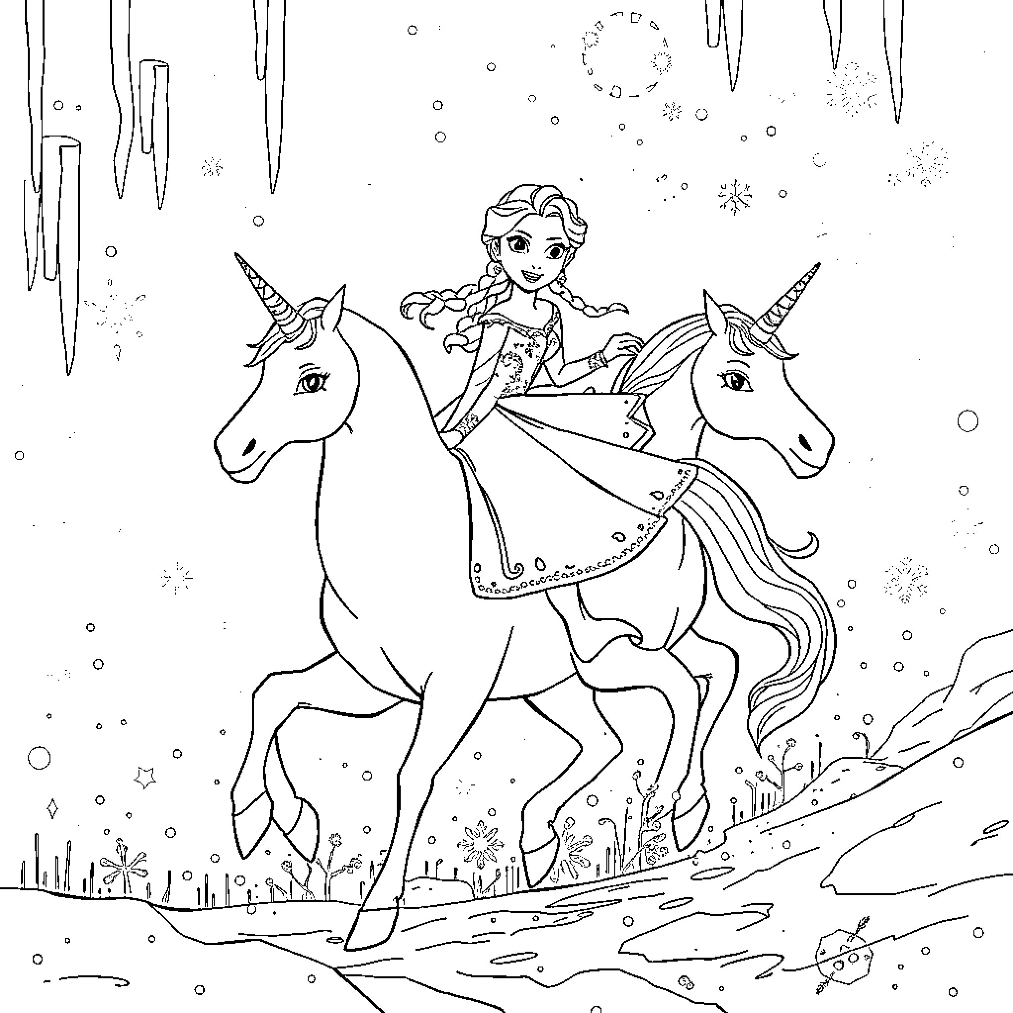 Elsa riding magical unicorns in a winter wonderland Coloring Page (free black-and-white line drawing printable PDF for all, from beginners to advanced learners, including children, teens, adults, and seniors)