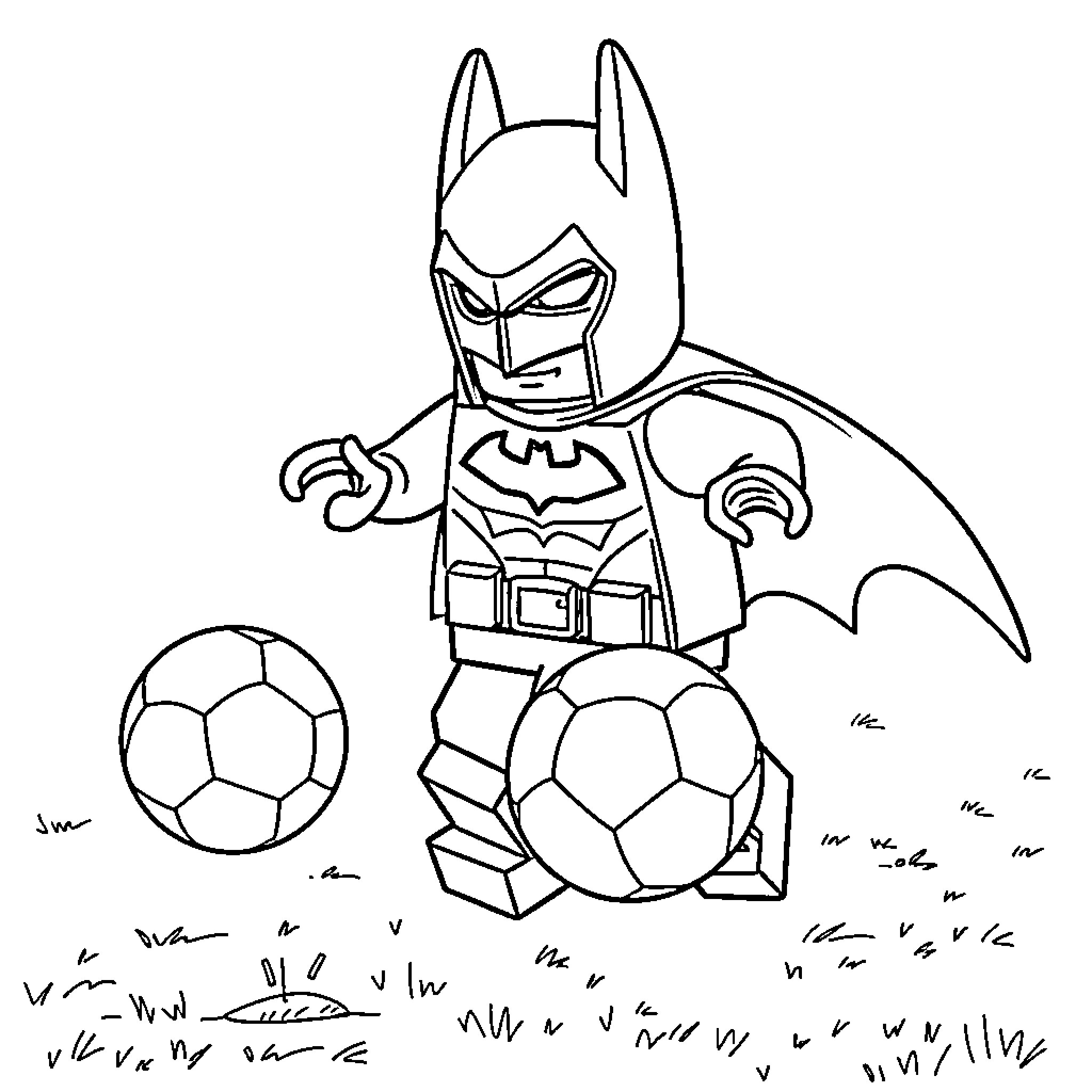 Lego Batman playing with soccer balls Coloring Page (free black-and-white line drawing printable PDF for all, from beginners to advanced learners, including children, teens, adults, and seniors)