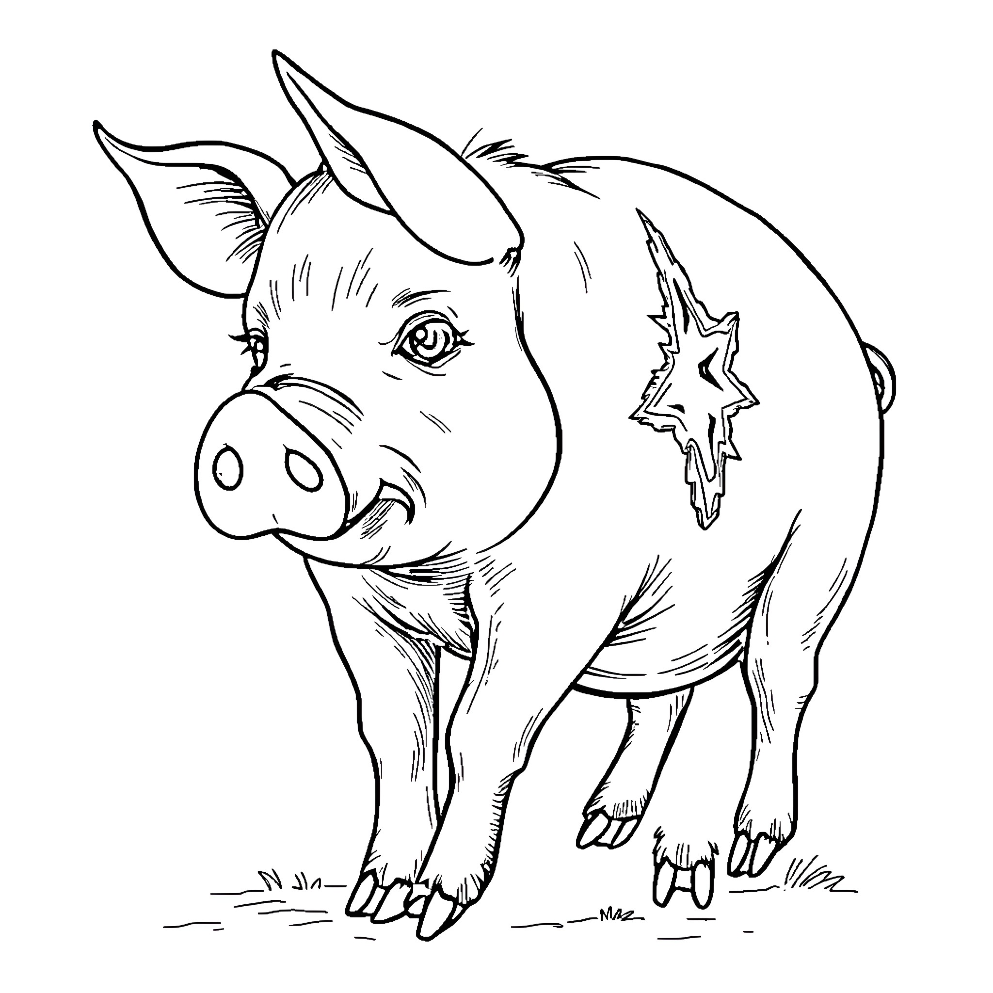 Pig with Star-Shaped Adornment and Expressive Pose Coloring Page (free black-and-white line drawing printable PDF for all, from beginners to advanced learners, including children, teens, adults, and seniors)