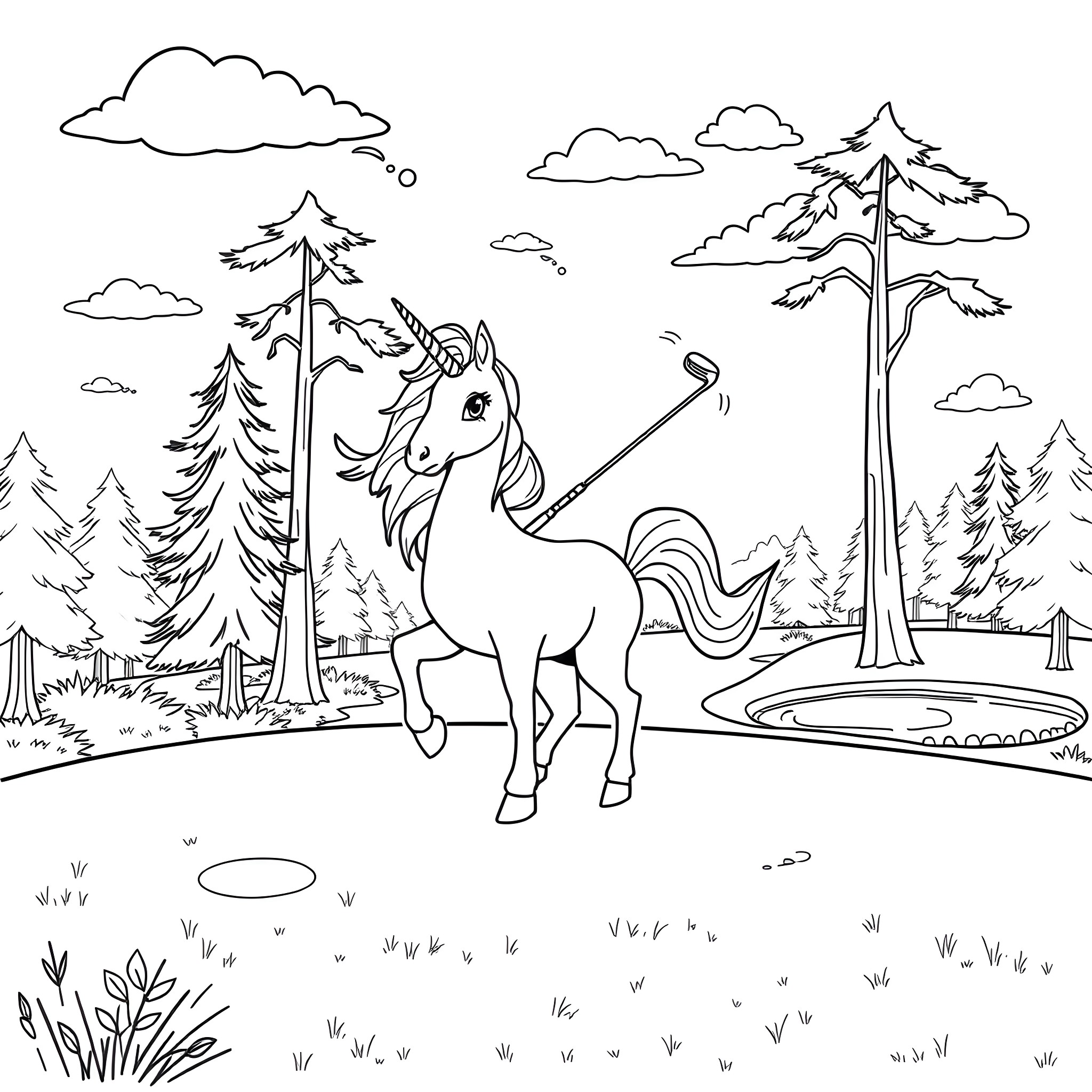 Unicorn exploring the enchanted forest Coloring Page (free black-and-white line drawing printable PDF for all, from beginners to advanced learners, including children, teens, adults, and seniors)