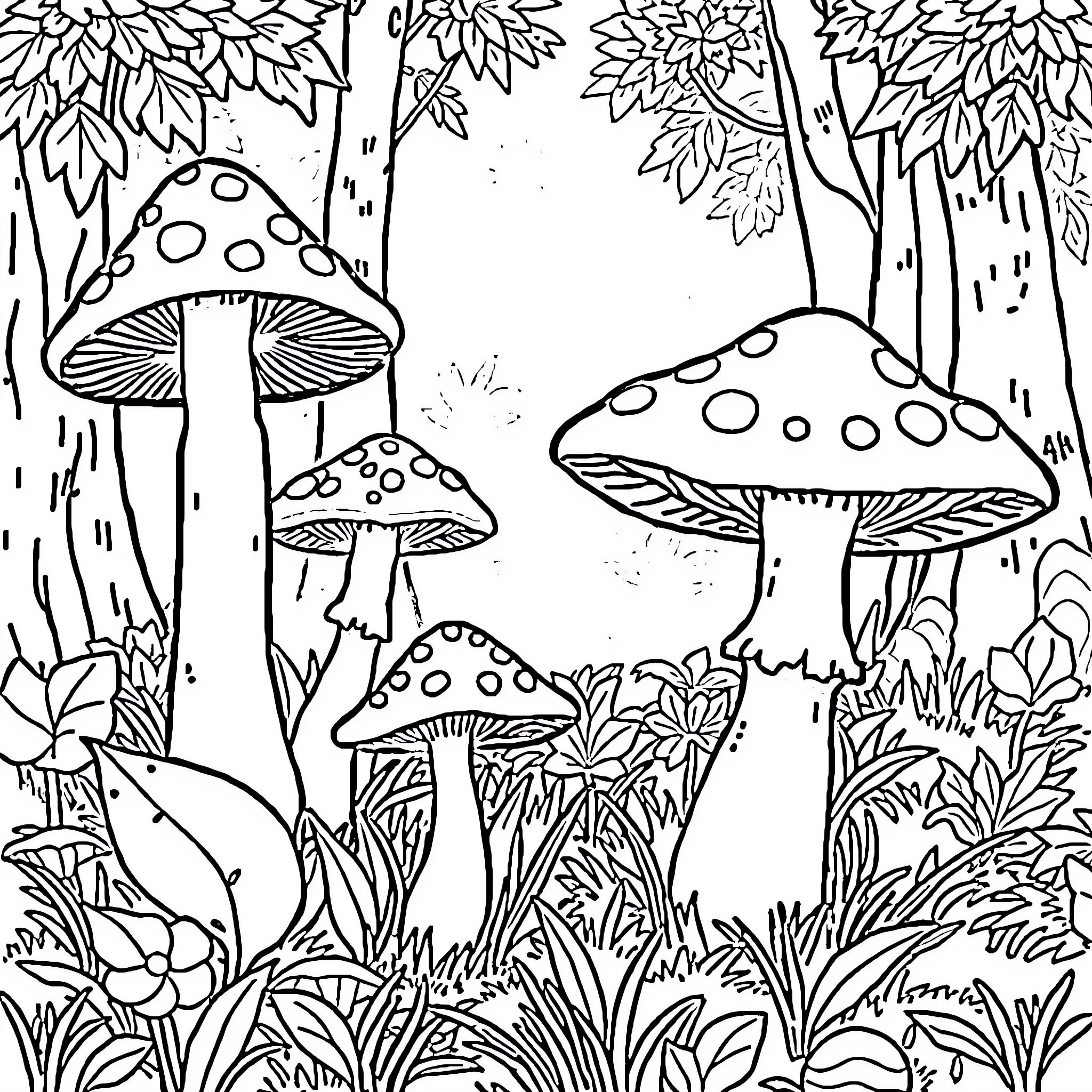 Mushroom Wonderland in the Forest Coloring Page (free black-and-white line drawing printable PDF for all, from beginners to advanced learners, including children, teens, adults, and seniors)