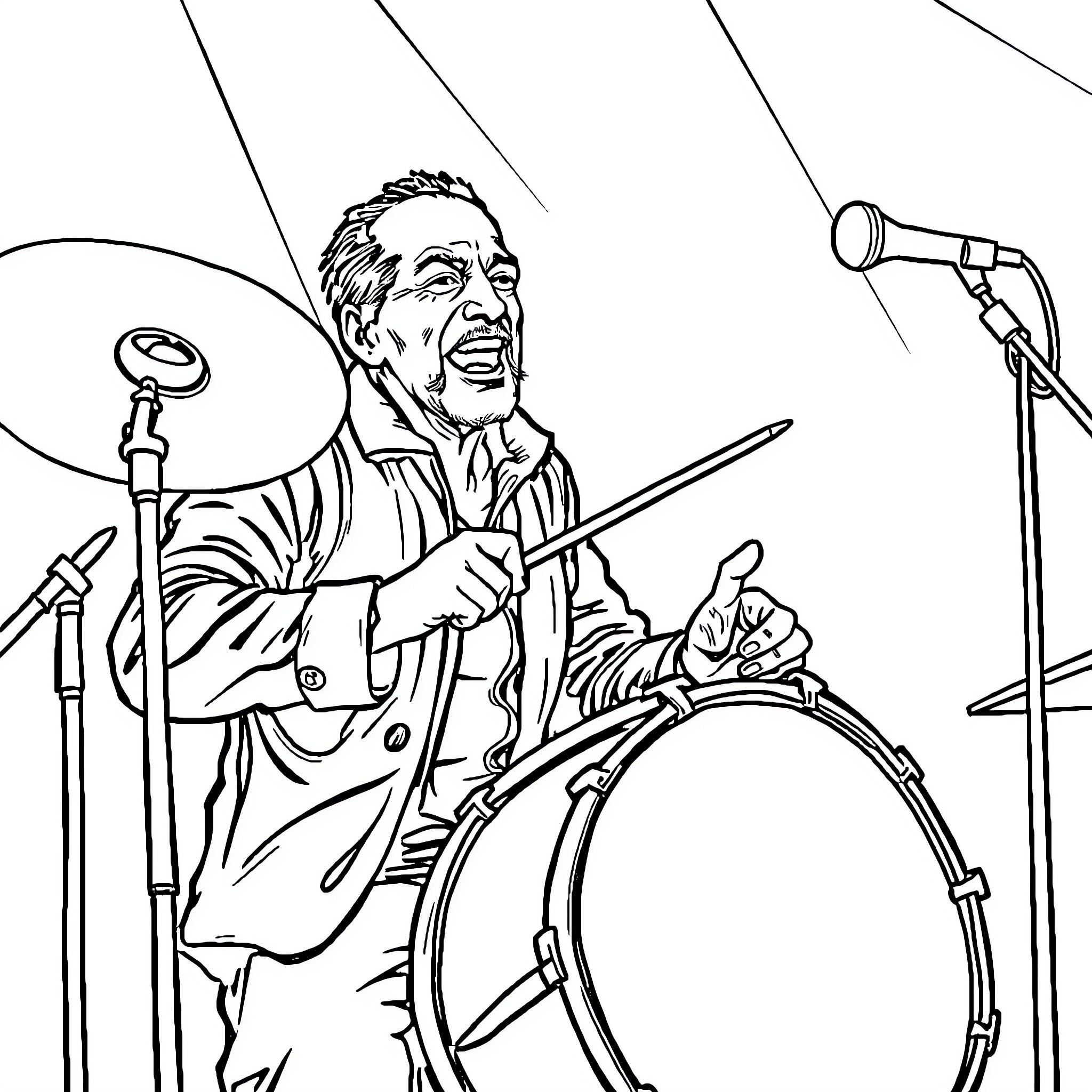 Dan playing the drums on stage Coloring Page (free black-and-white line drawing printable PDF for all, from beginners to advanced learners, including children, teens, adults, and seniors)