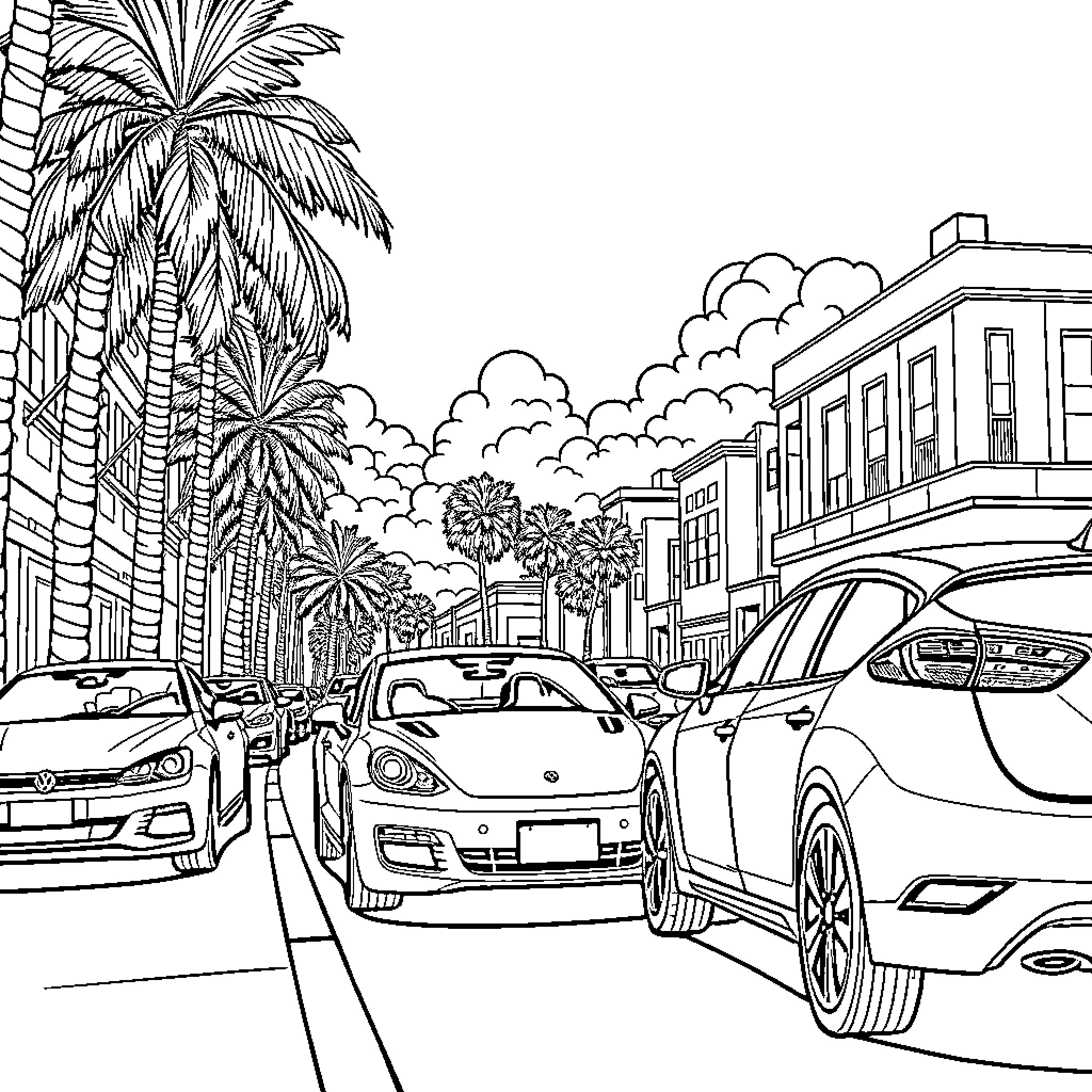 Car parked on busy city street with palm trees Coloring Page (free black-and-white line drawing printable PDF for all, from beginners to advanced learners, including children, teens, adults, and seniors)
