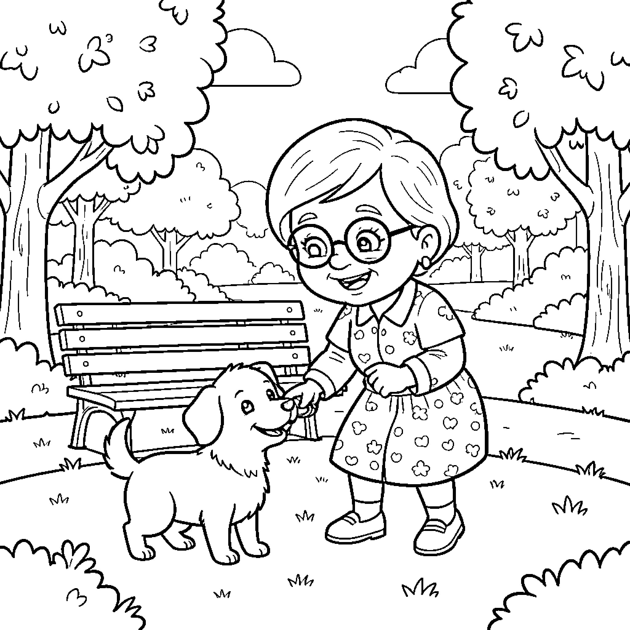 Old Lady smiling while petting a small dog Coloring Page (free black-and-white line drawing printable PDF for all, from beginners to advanced learners, including children, teens, adults, and seniors)