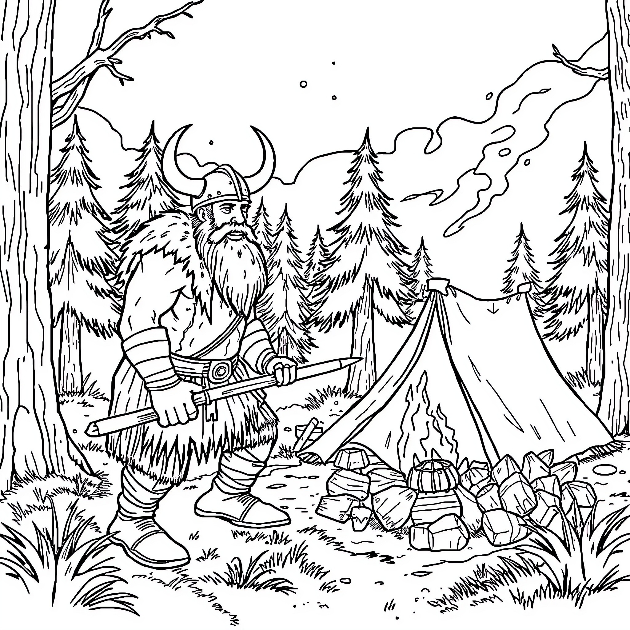 Viking warrior in a forest campsite Coloring Page (free black-and-white line drawing printable PDF for all, from beginners to advanced learners, including children, teens, adults, and seniors)