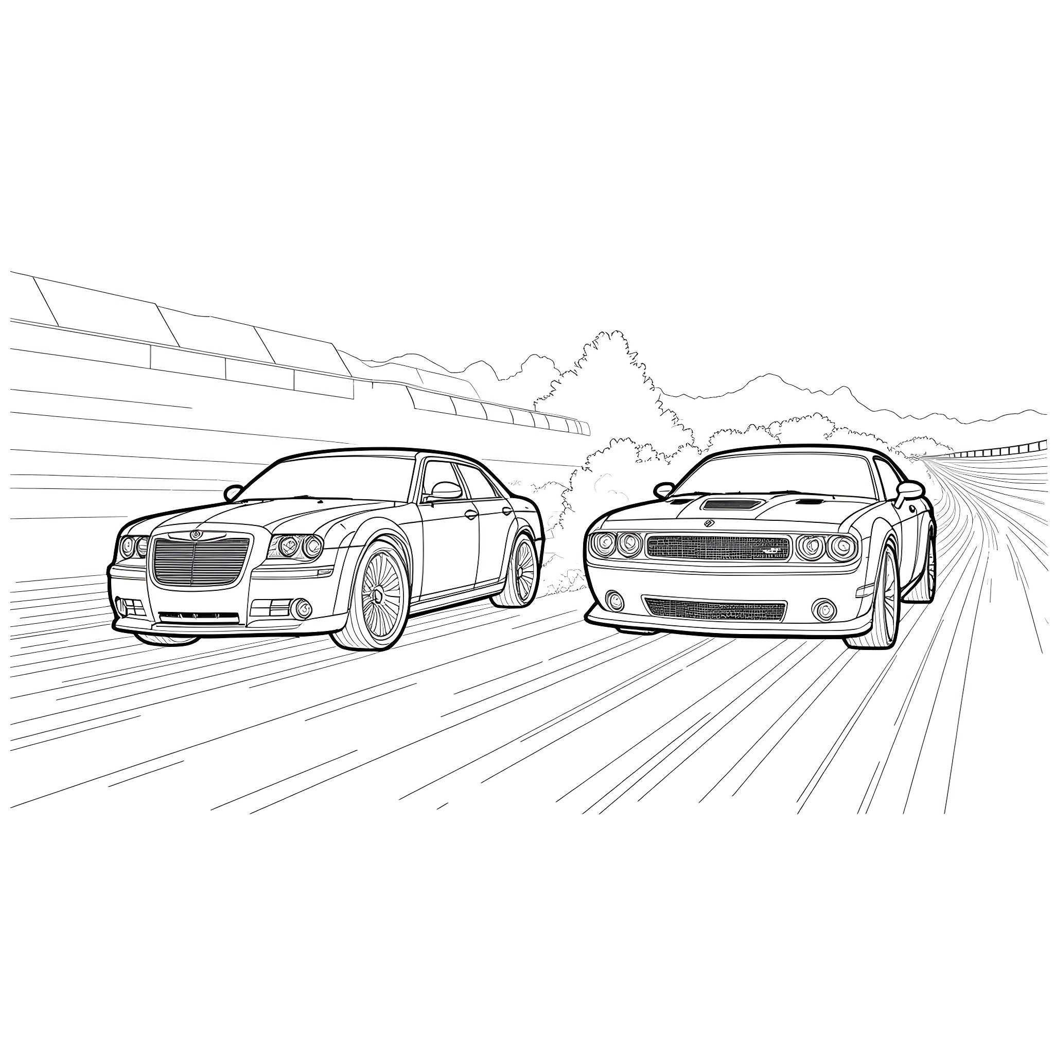 Chrysler cars speeding down the highway Coloring Page (free black-and-white line drawing printable PDF for all, from beginners to advanced learners, including children, teens, adults, and seniors)