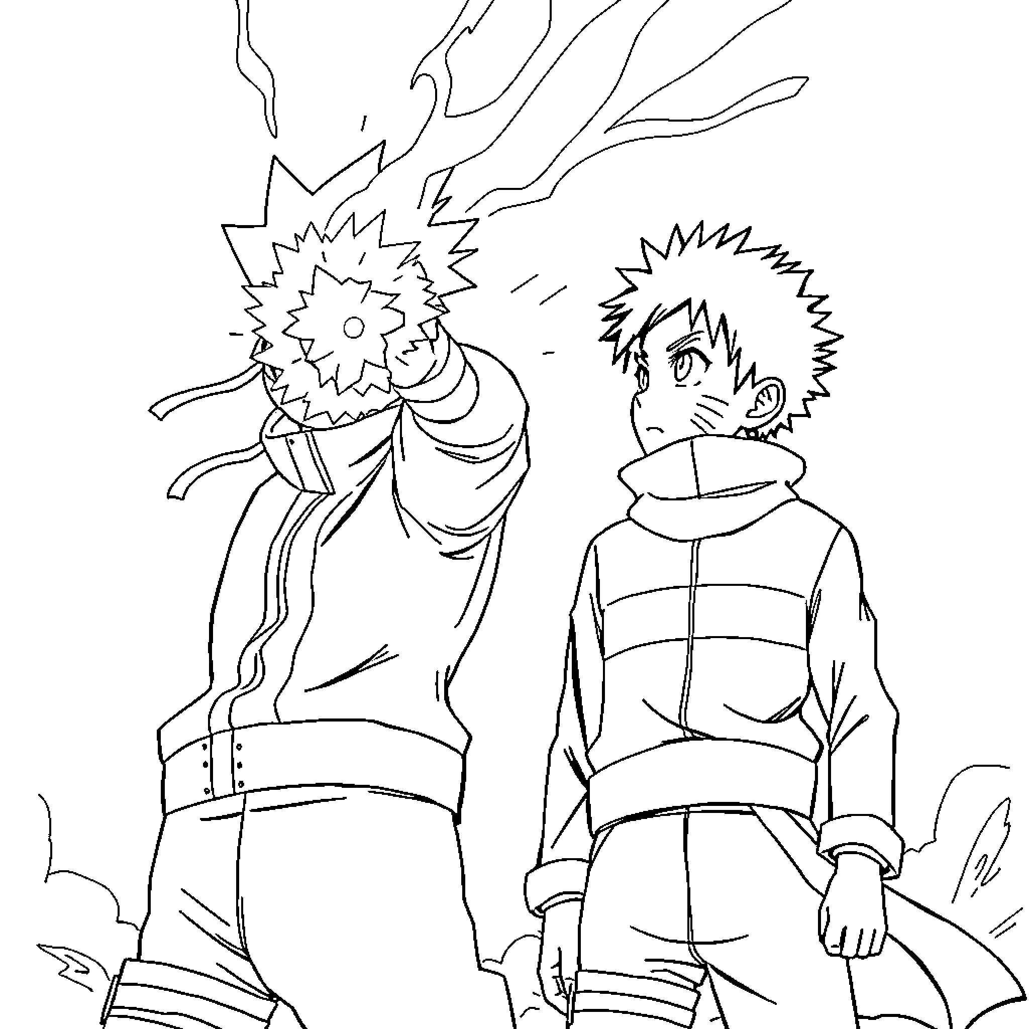 Naruto and friend engaged in energetic battle Coloring Page (free black-and-white line drawing printable PDF for all, from beginners to advanced learners, including children, teens, adults, and seniors)