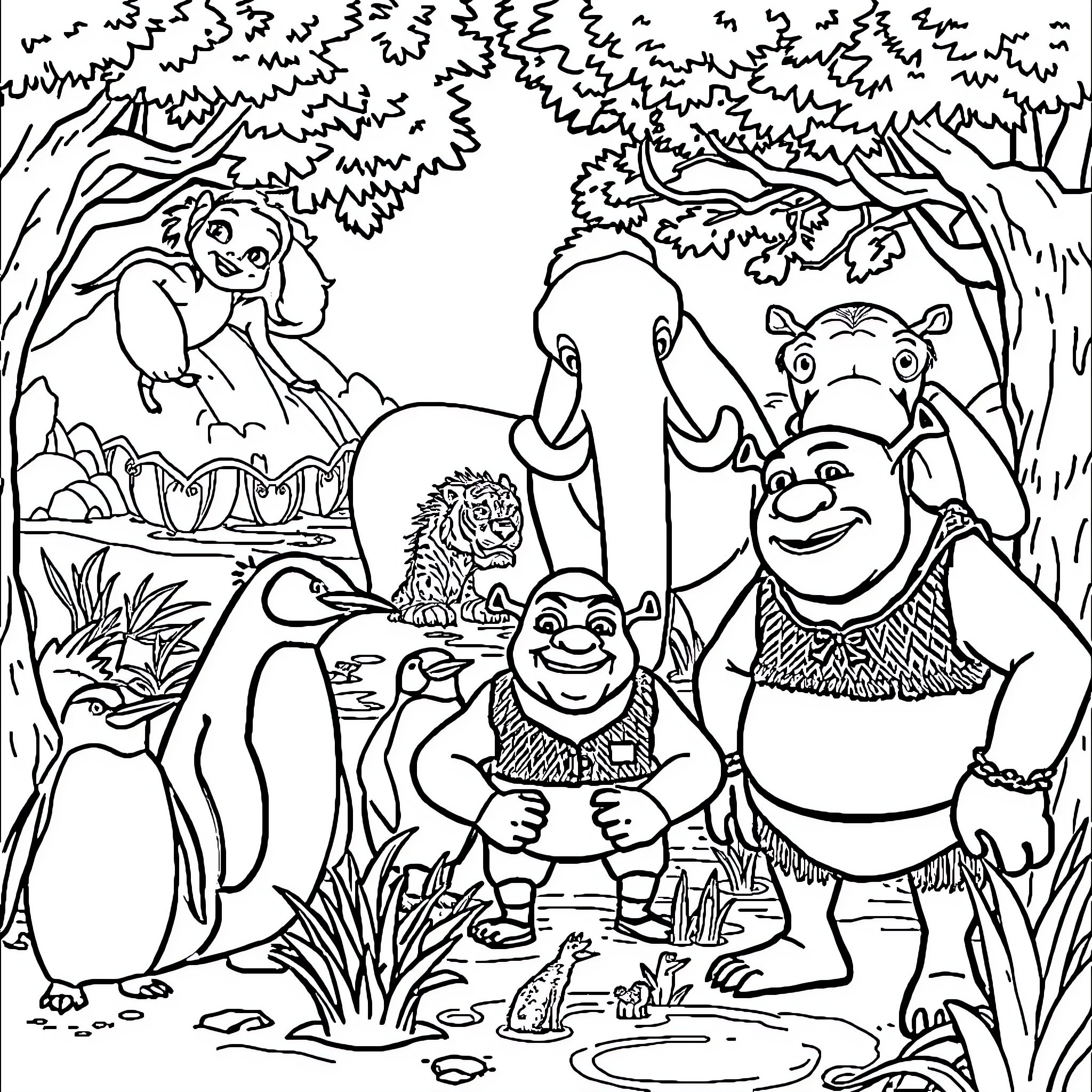 Happy Feet Characters Enjoying Wilderness Adventure Coloring Page (free black-and-white line drawing printable PDF for all, from beginners to advanced learners, including children, teens, adults, and seniors)