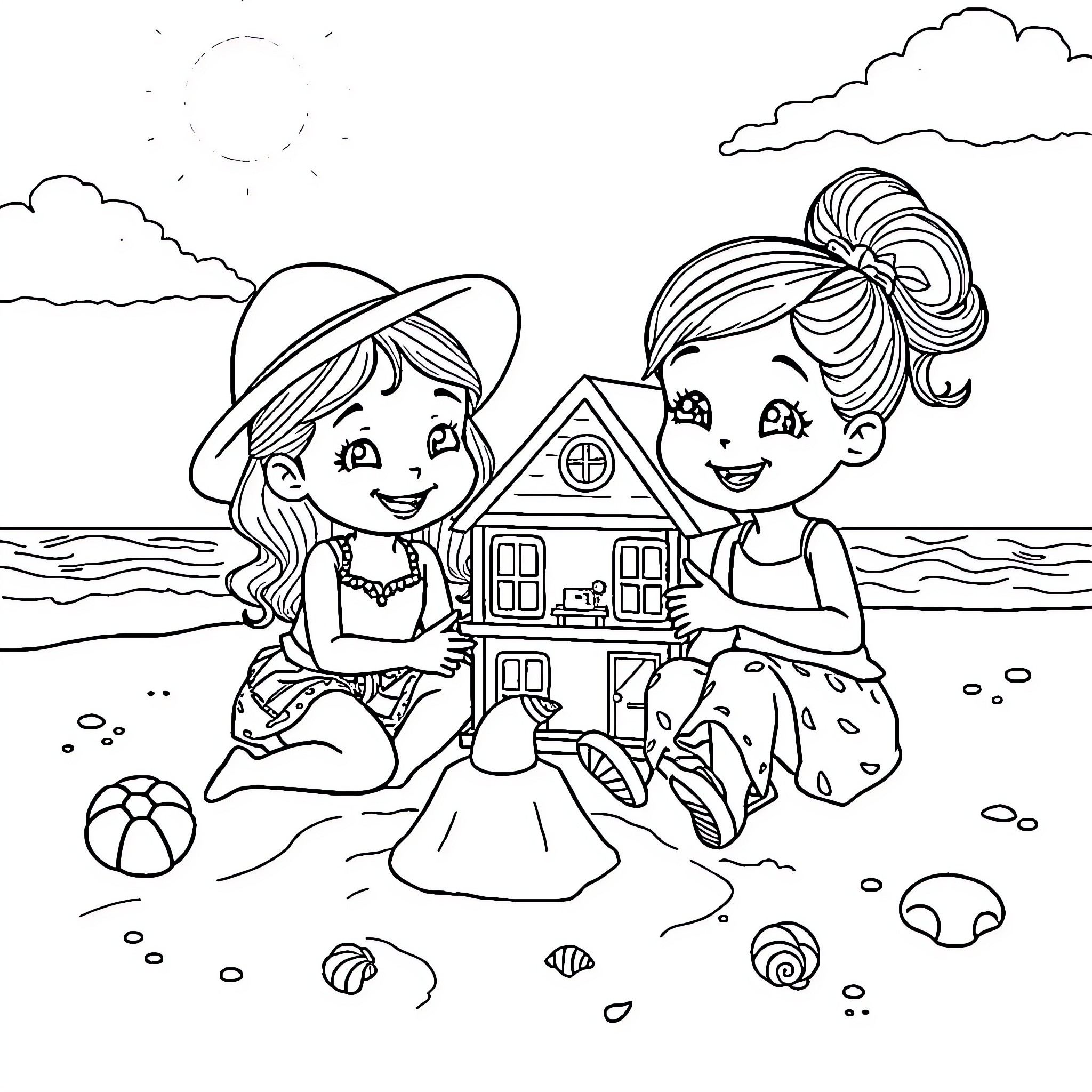 Dollhouse Friends Playing by the Beach Coloring Page (free black-and-white line drawing printable PDF for all, from beginners to advanced learners, including children, teens, adults, and seniors)