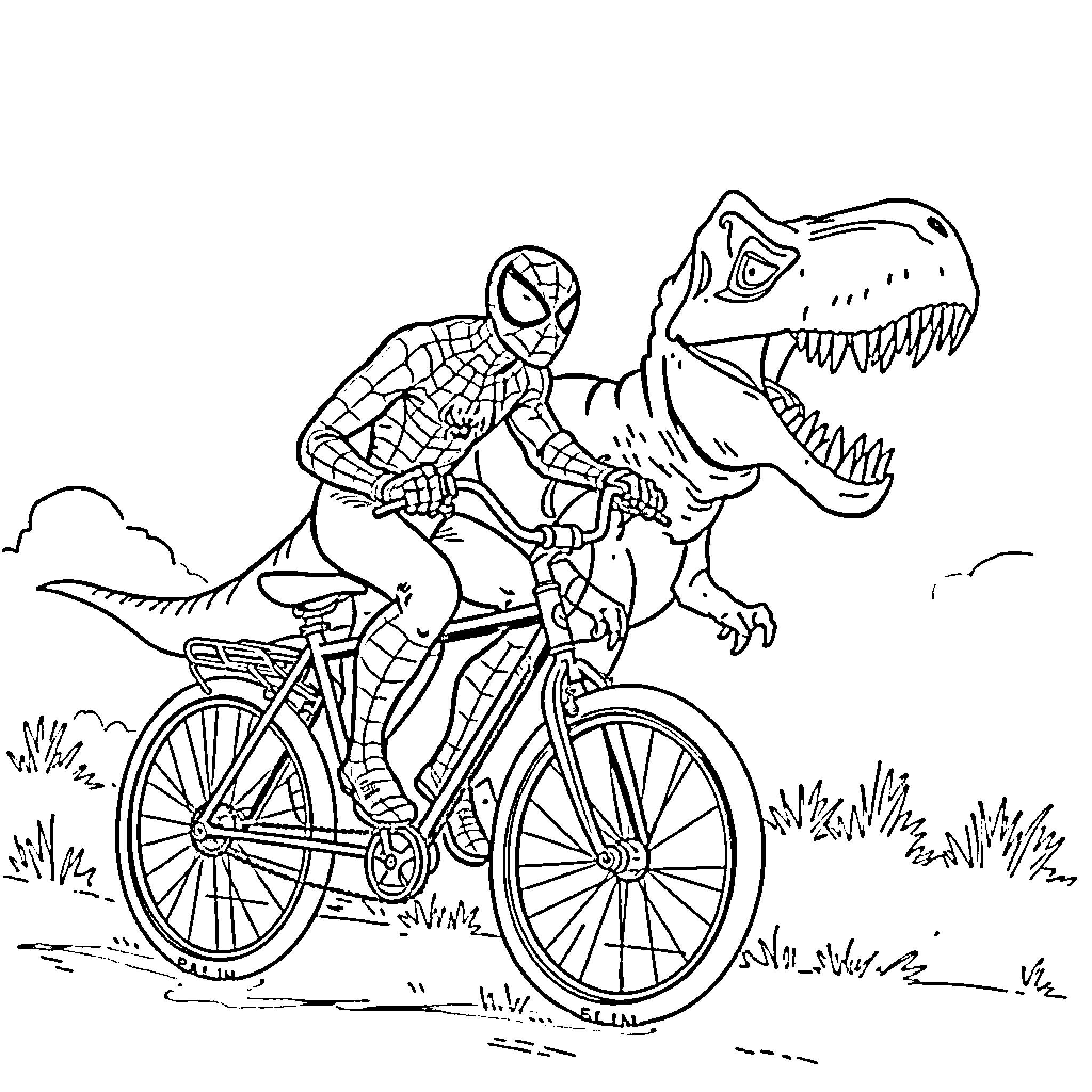 Spiderman rides a bicycle while being chased by a T-Rex Coloring Page (free black-and-white line drawing printable PDF for all, from beginners to advanced learners, including children, teens, adults, and seniors)