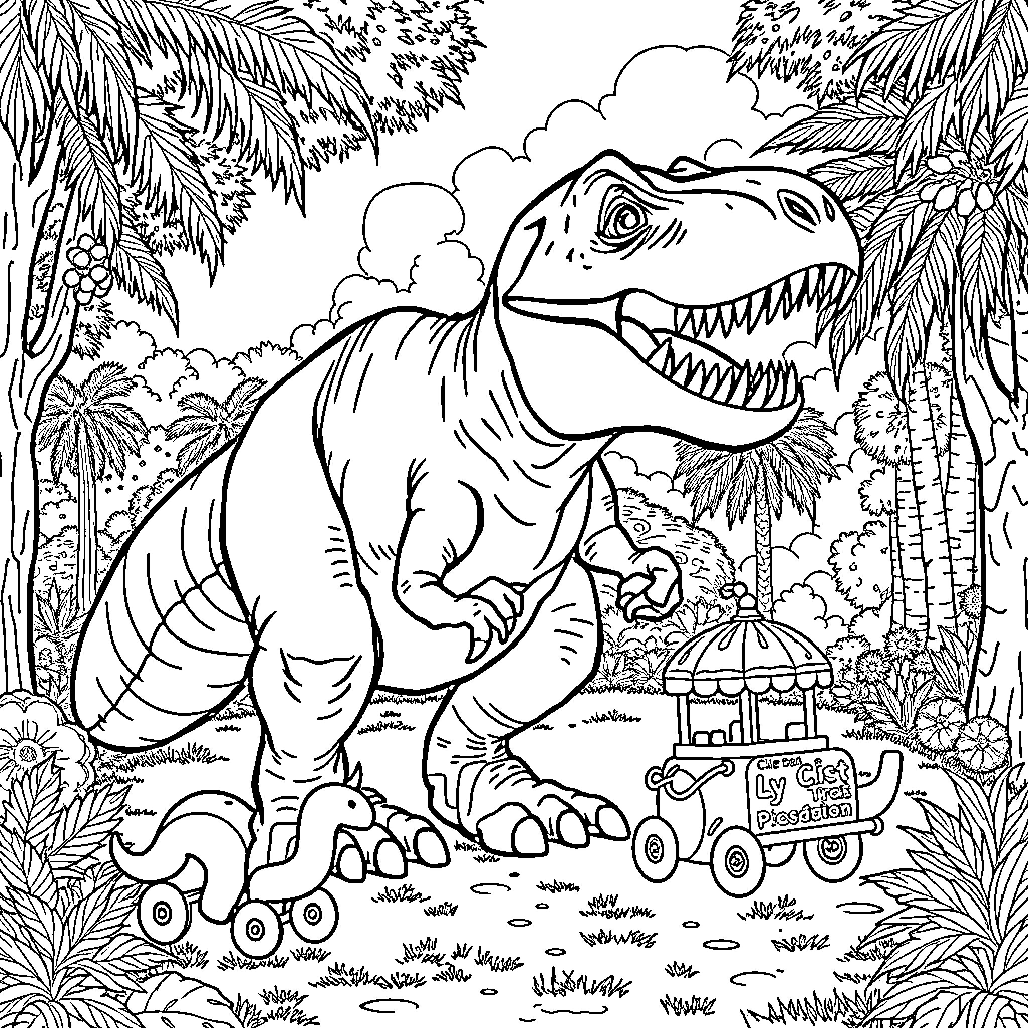 T-Rex exploring the lush jungle scenery Coloring Page (free black-and-white line drawing printable PDF for all, from beginners to advanced learners, including children, teens, adults, and seniors)