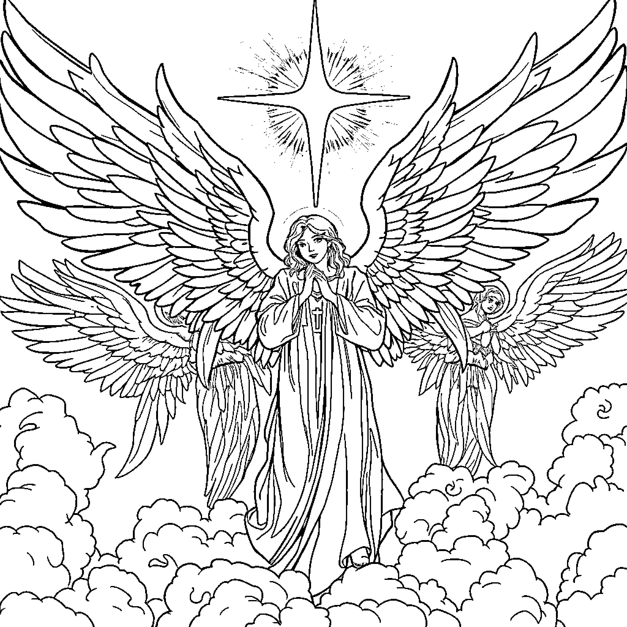 Angel with Radiant Wings and Celestial Glow Coloring Page (free black-and-white line drawing printable PDF for all, from beginners to advanced learners, including children, teens, adults, and seniors)