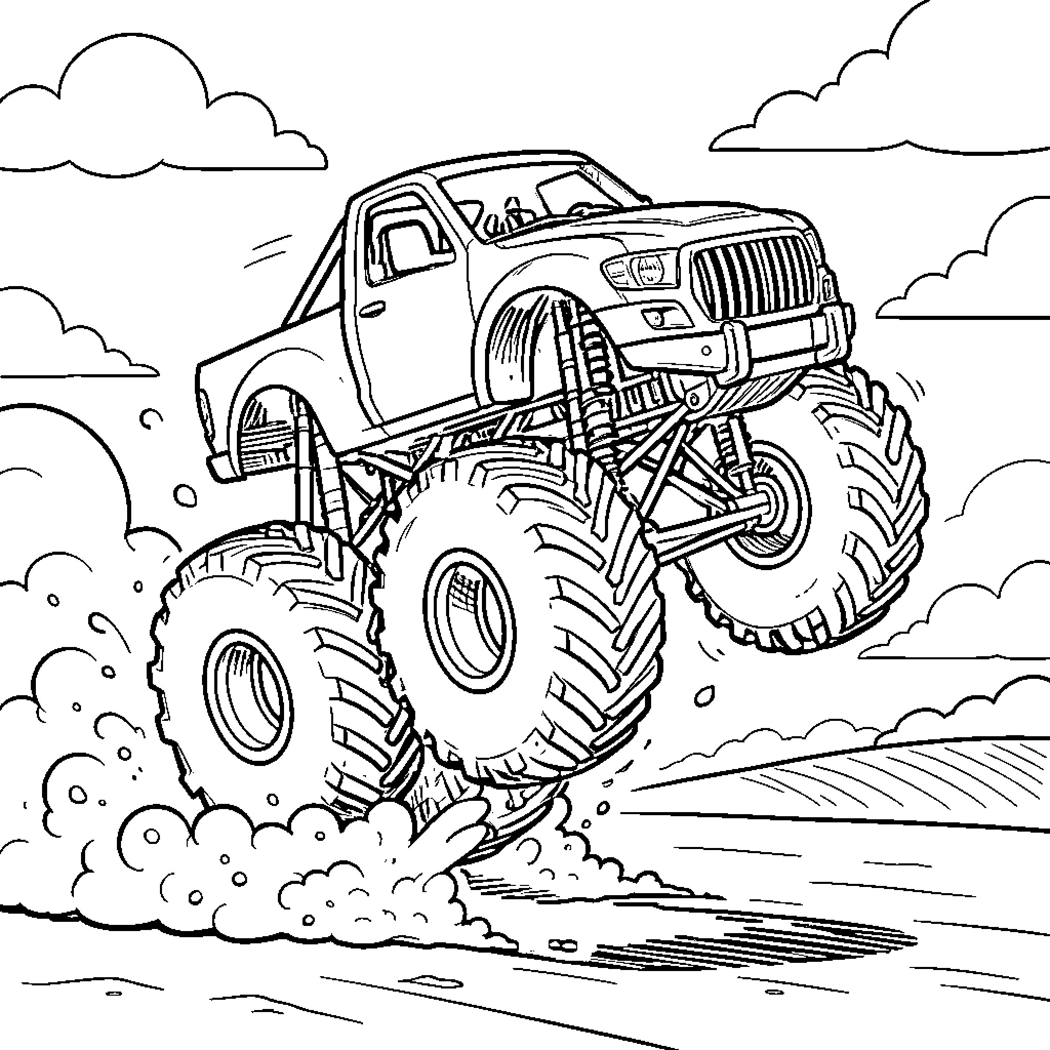Monster Truck jumping through dirt and mud Coloring Page (free black-and-white line drawing printable PDF for all, from beginners to advanced learners, including children, teens, adults, and seniors)