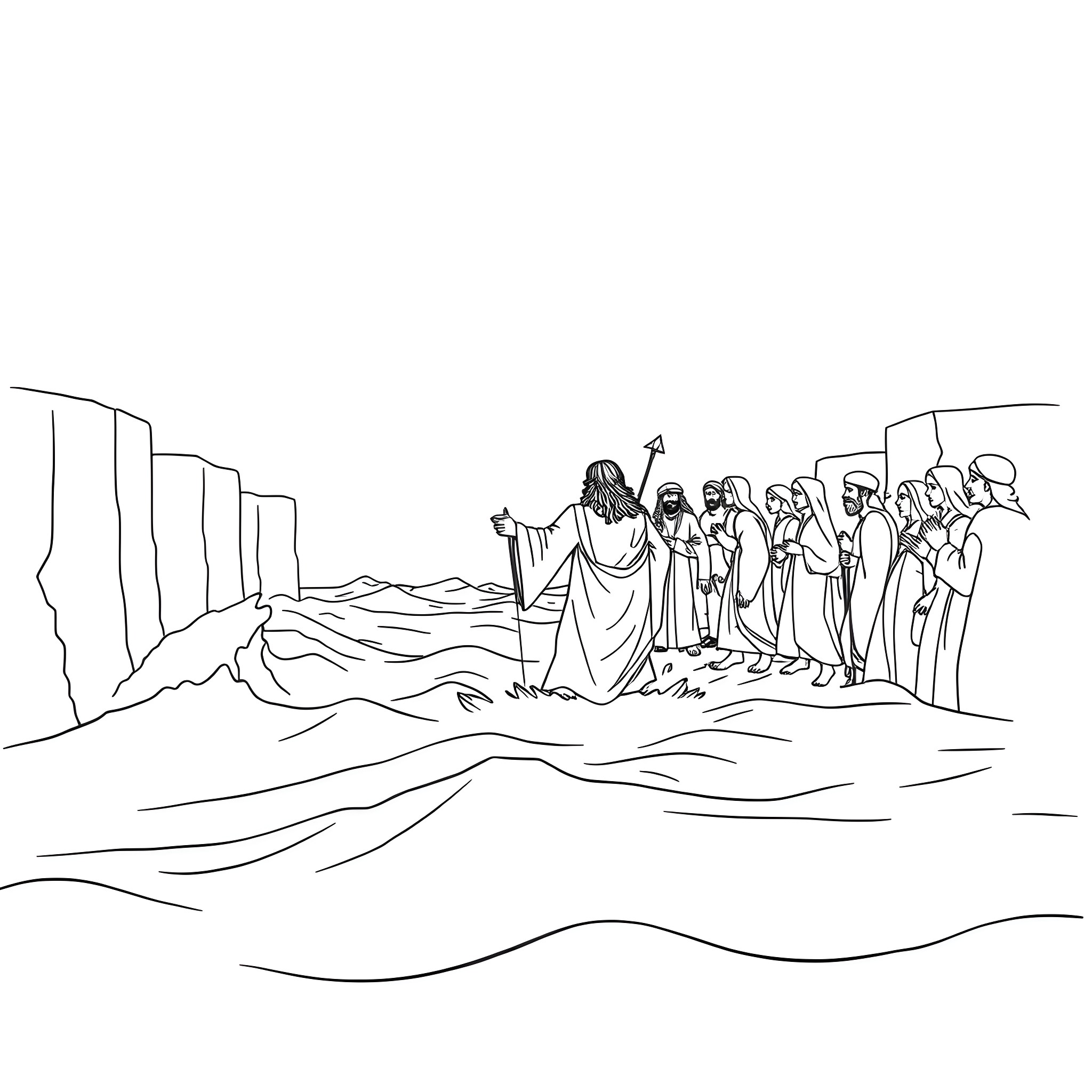 Moses leading his people through the parted sea Coloring Page (free black-and-white line drawing printable PDF for all, from beginners to advanced learners, including children, teens, adults, and seniors)