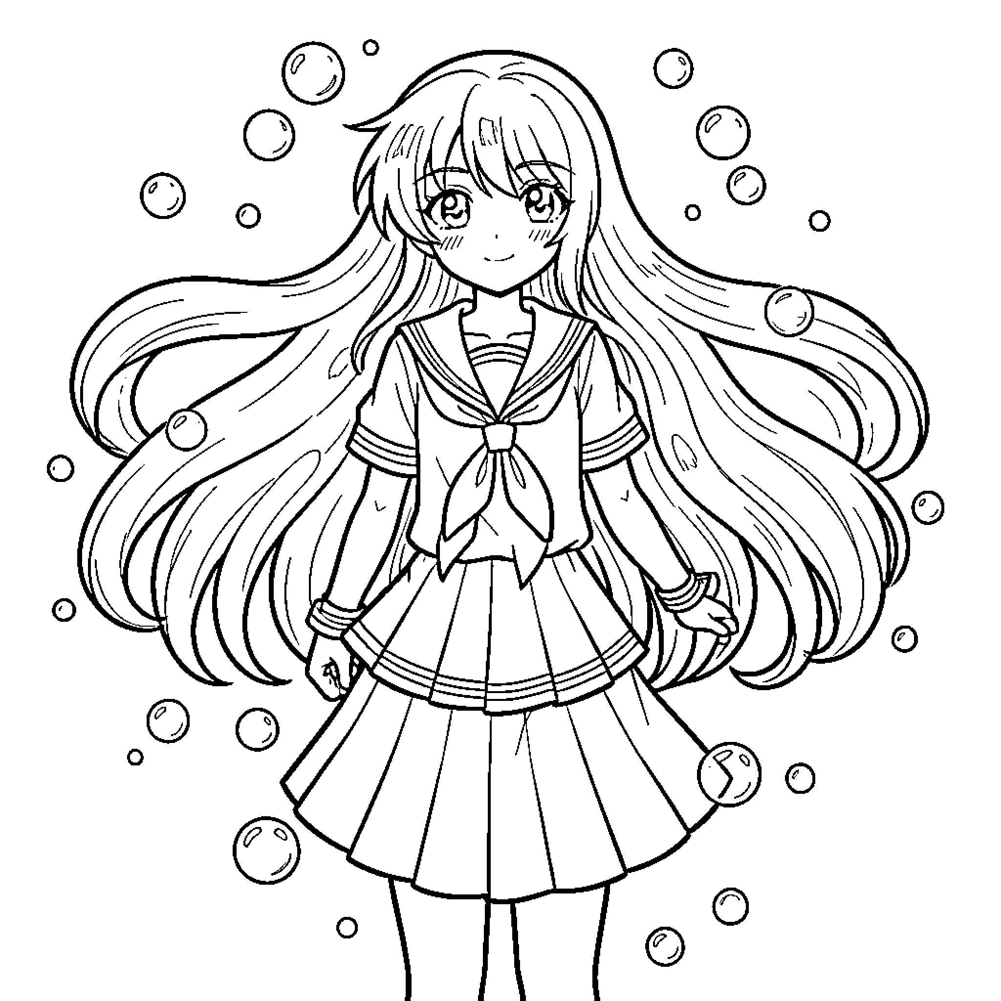 Anime Girl in school uniform surrounded by bubbles Coloring Page (free black-and-white line drawing printable PDF for all, from beginners to advanced learners, including children, teens, adults, and seniors)