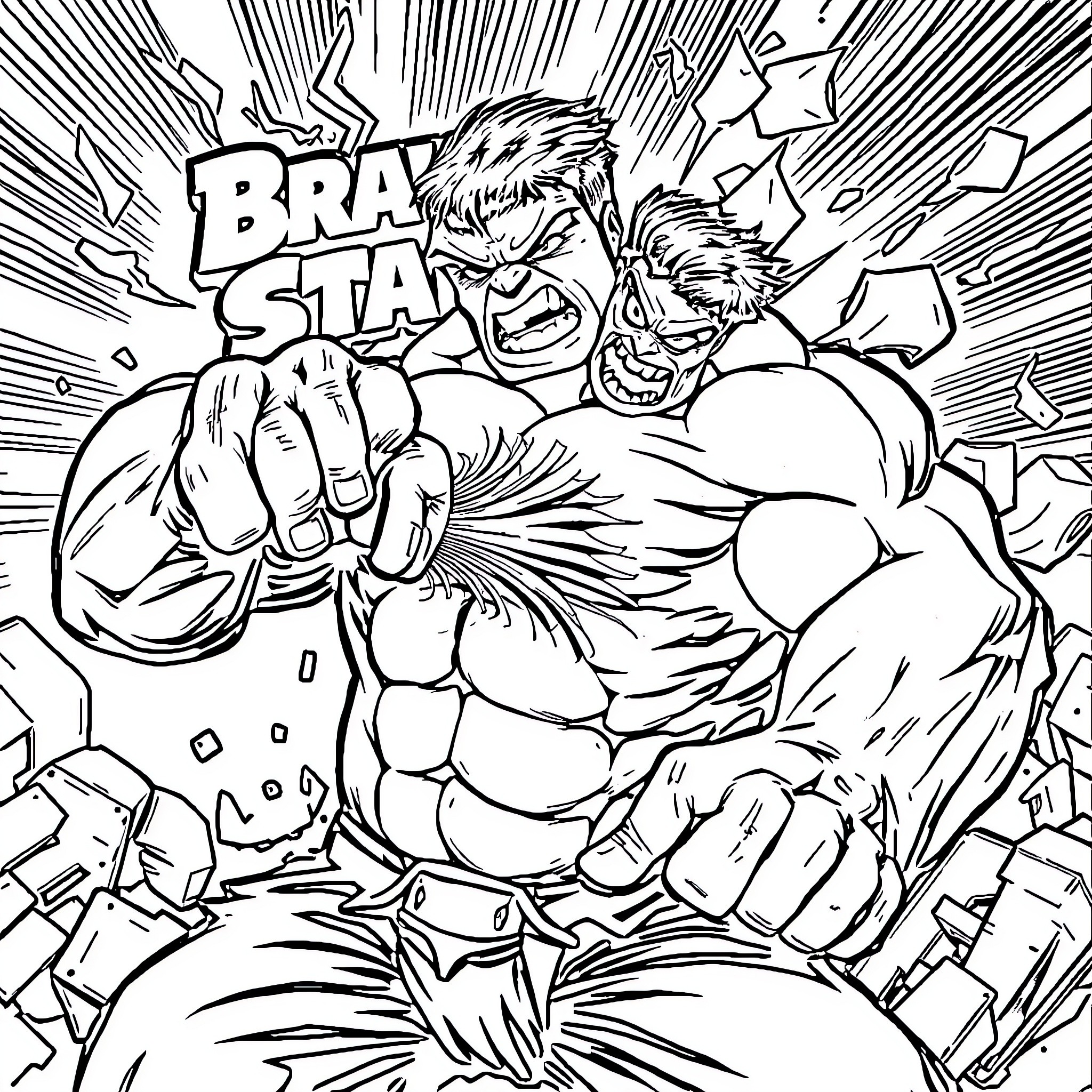 Brawlstars - Epic battle between two muscular fighters Coloring Page (free black-and-white line drawing printable PDF for all, from beginners to advanced learners, including children, teens, adults, and seniors)