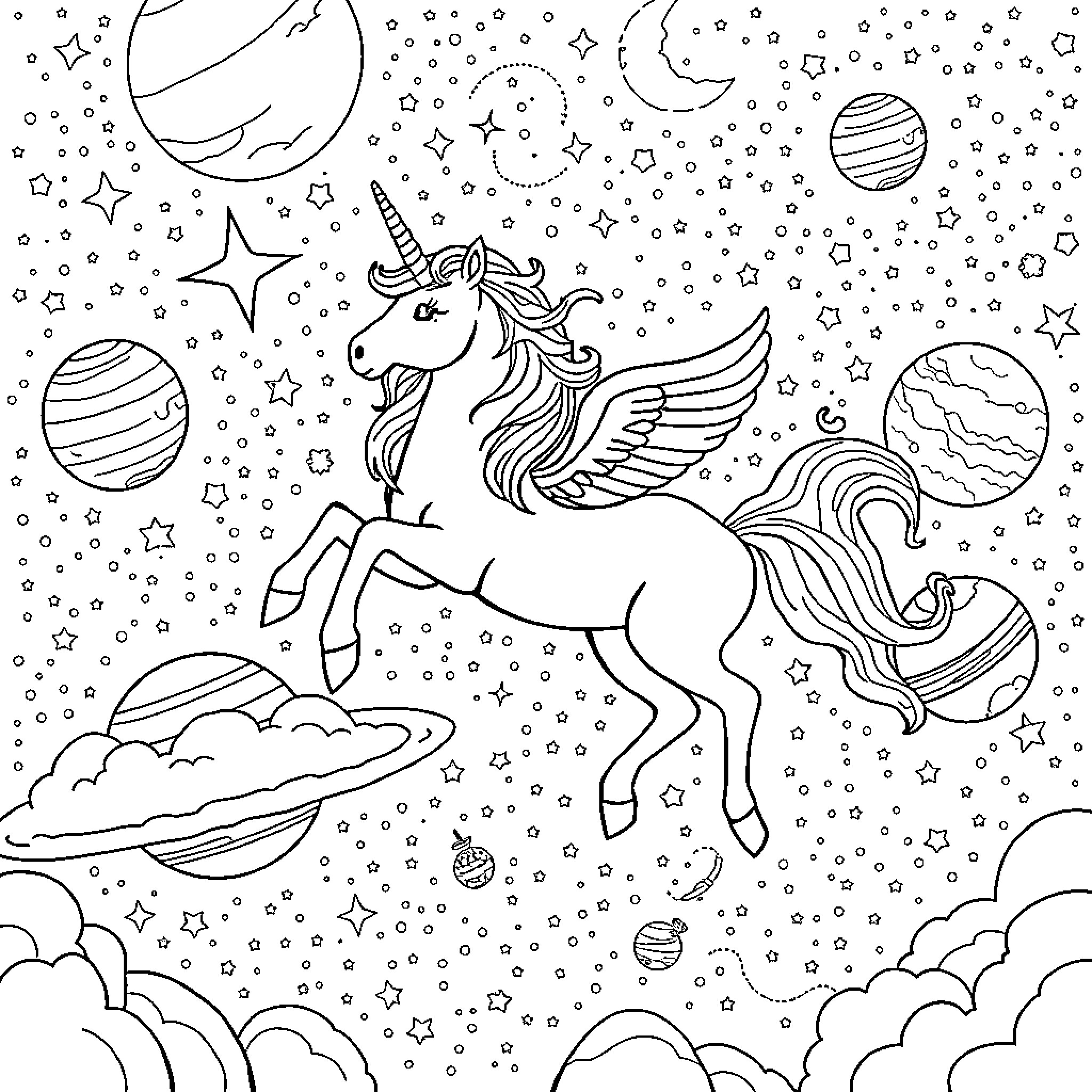 Unicorn soaring through a starry cosmic landscape Coloring Page (free black-and-white line drawing printable PDF for all, from beginners to advanced learners, including children, teens, adults, and seniors)