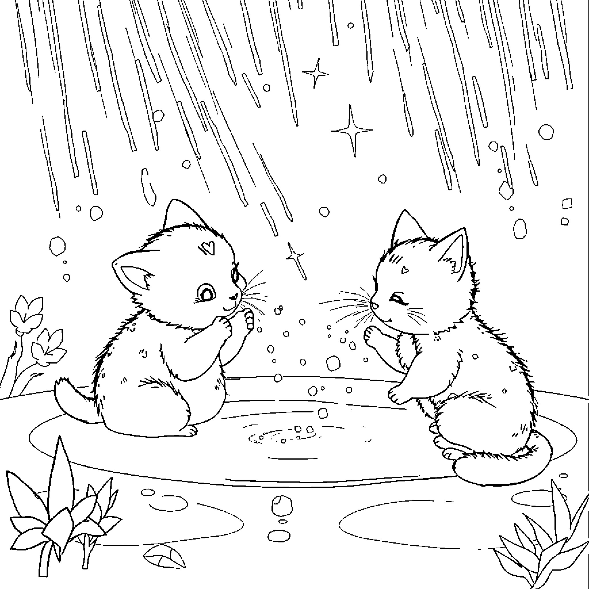 Animal Kittens Playing in the Snow Coloring Page (free black-and-white line drawing printable PDF for all, from beginners to advanced learners, including children, teens, adults, and seniors)