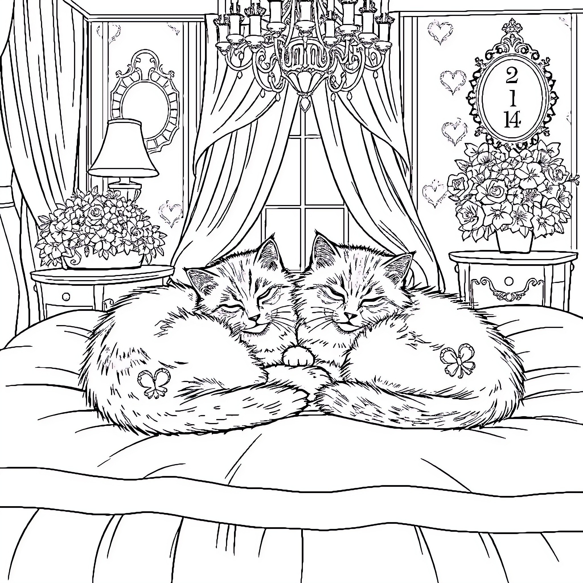 Cats Napping in Cozy Interior Coloring Page (free black-and-white line drawing printable PDF for all, from beginners to advanced learners, including children, teens, adults, and seniors)