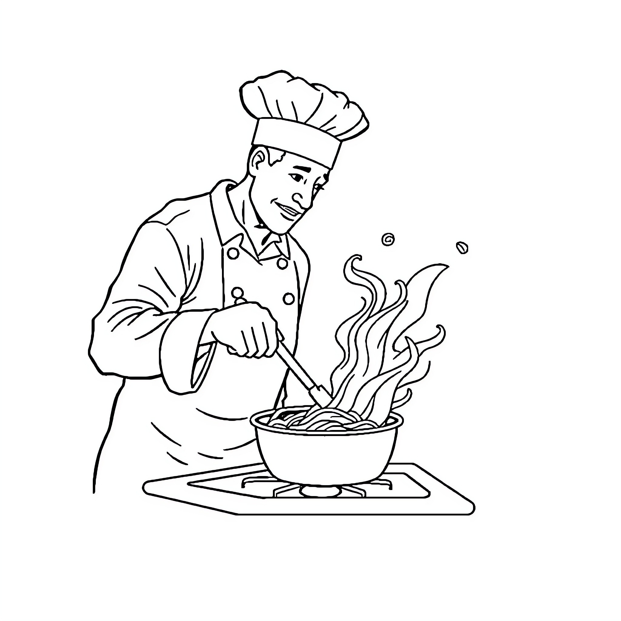 Chef cooking a hot meal with enthusiasm Coloring Page (free black-and-white line drawing printable PDF for all, from beginners to advanced learners, including children, teens, adults, and seniors)