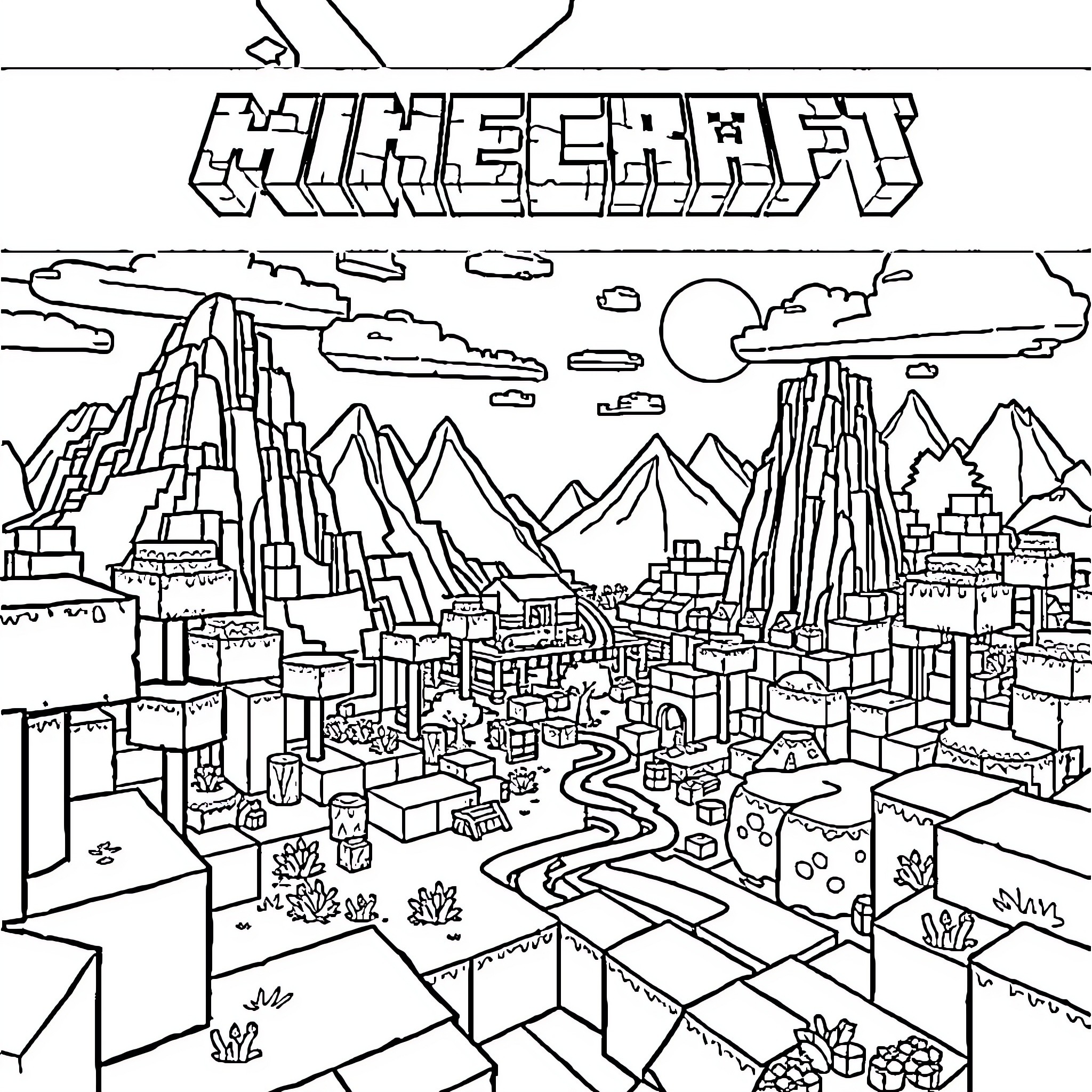 Minecraft Scenic Landscape with Mountains and Buildings Coloring Page (free black-and-white line drawing printable PDF for all, from beginners to advanced learners, including children, teens, adults, and seniors)
