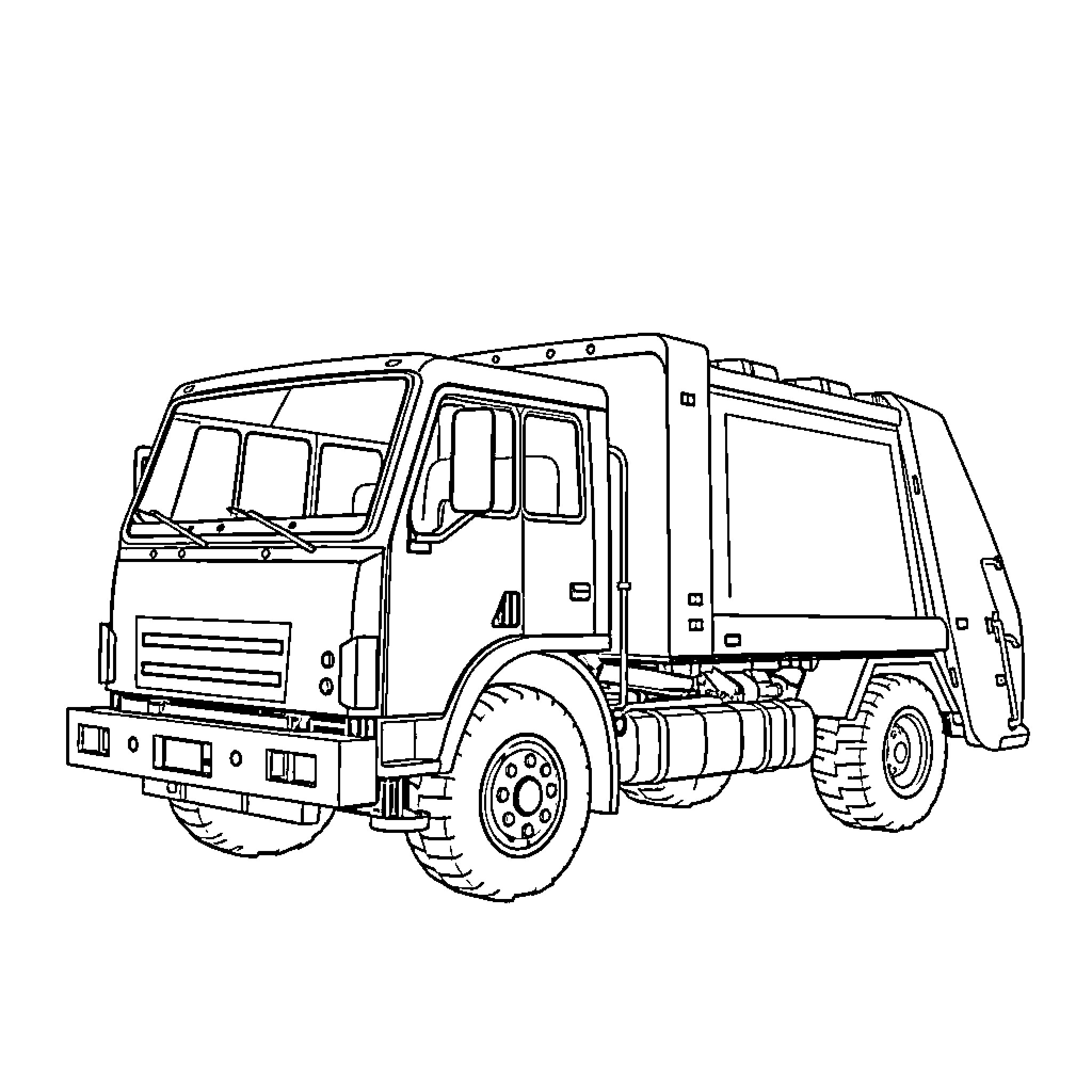 Garbage Truck in operation with detailed design Coloring Page (free black-and-white line drawing printable PDF for all, from beginners to advanced learners, including children, teens, adults, and seniors)