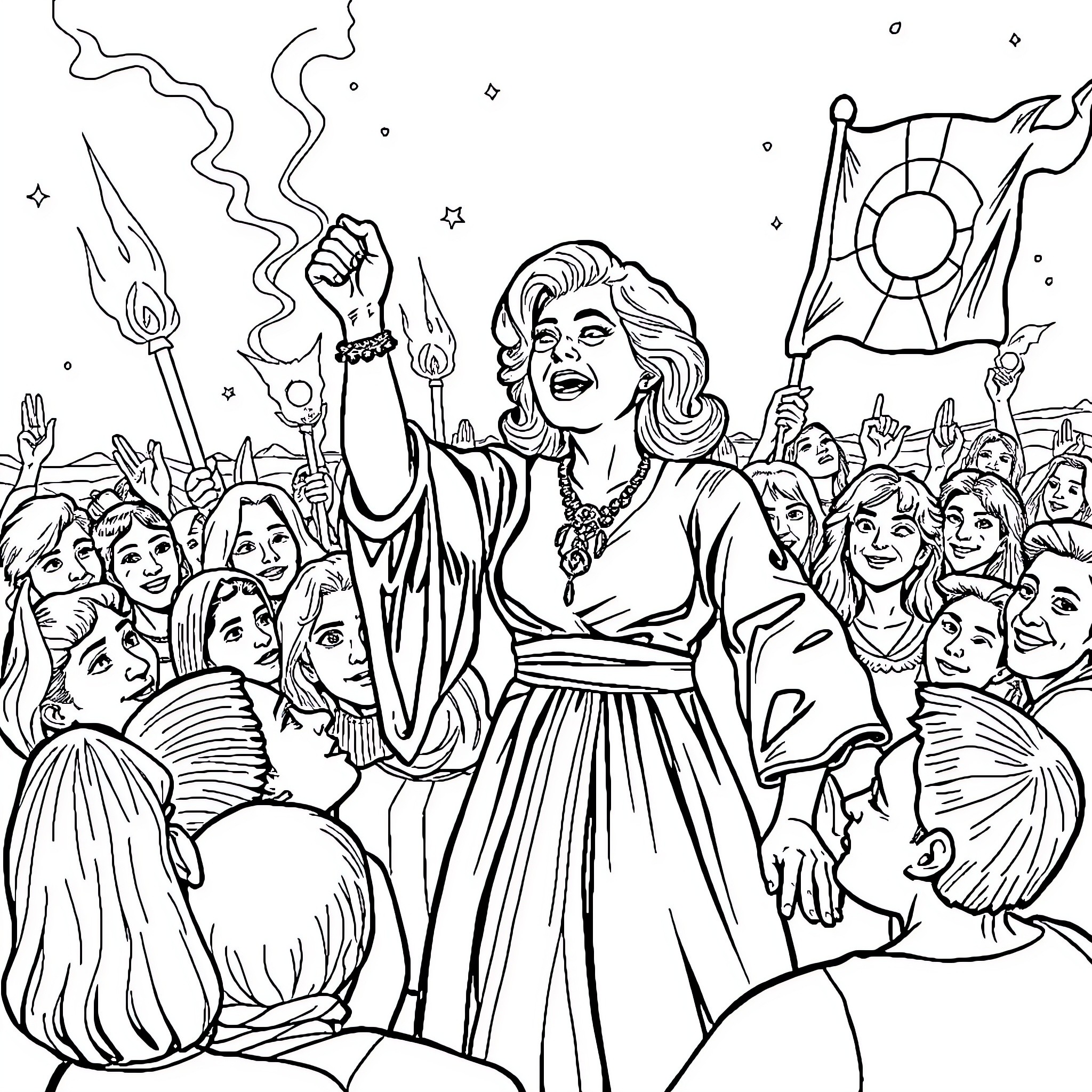 Lottie Matthews rallying a crowd of supporters Coloring Page (free black-and-white line drawing printable PDF for all, from beginners to advanced learners, including children, teens, adults, and seniors)