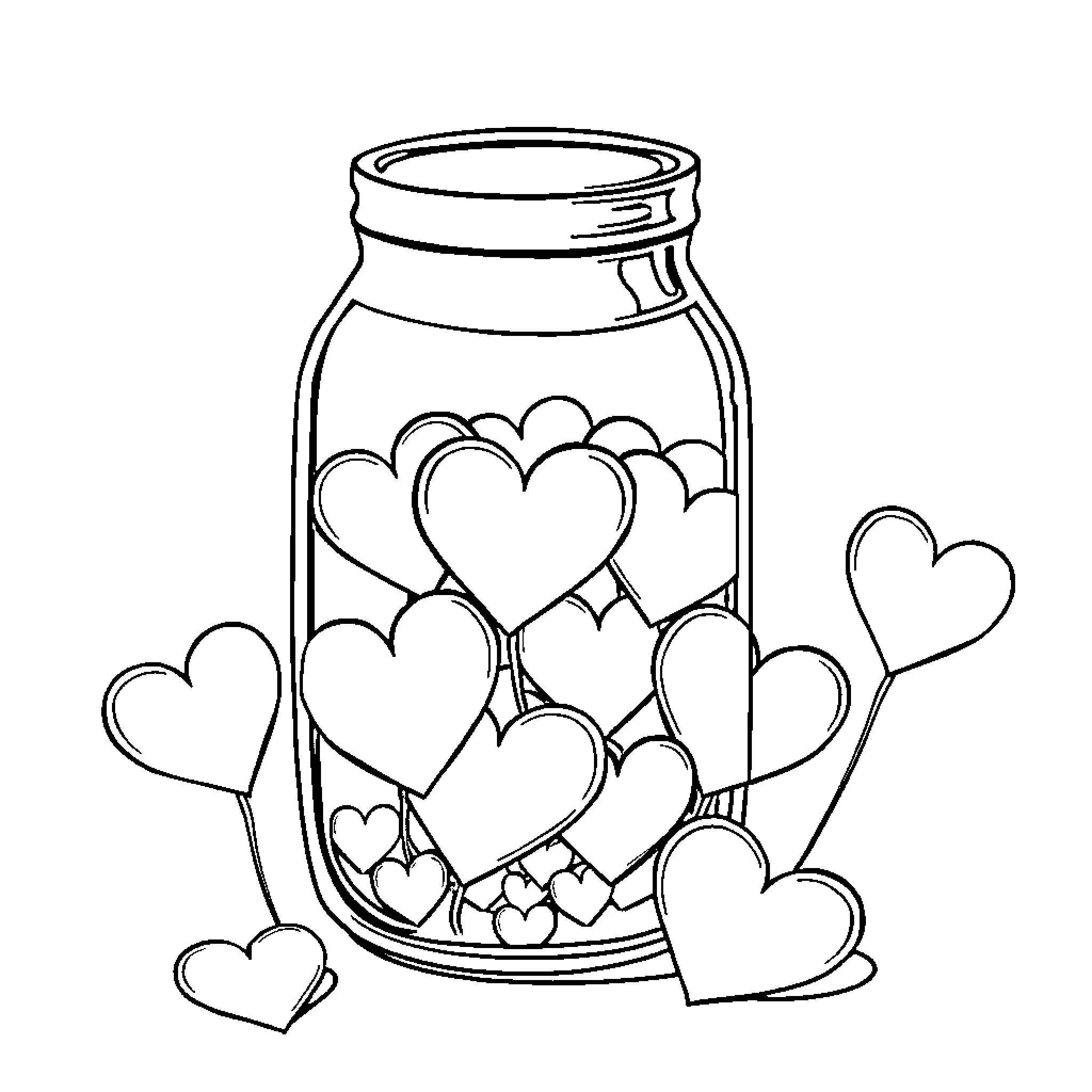 Jar filled with floating hearts Coloring Page (free black-and-white line drawing printable PDF for all, from beginners to advanced learners, including children, teens, adults, and seniors)