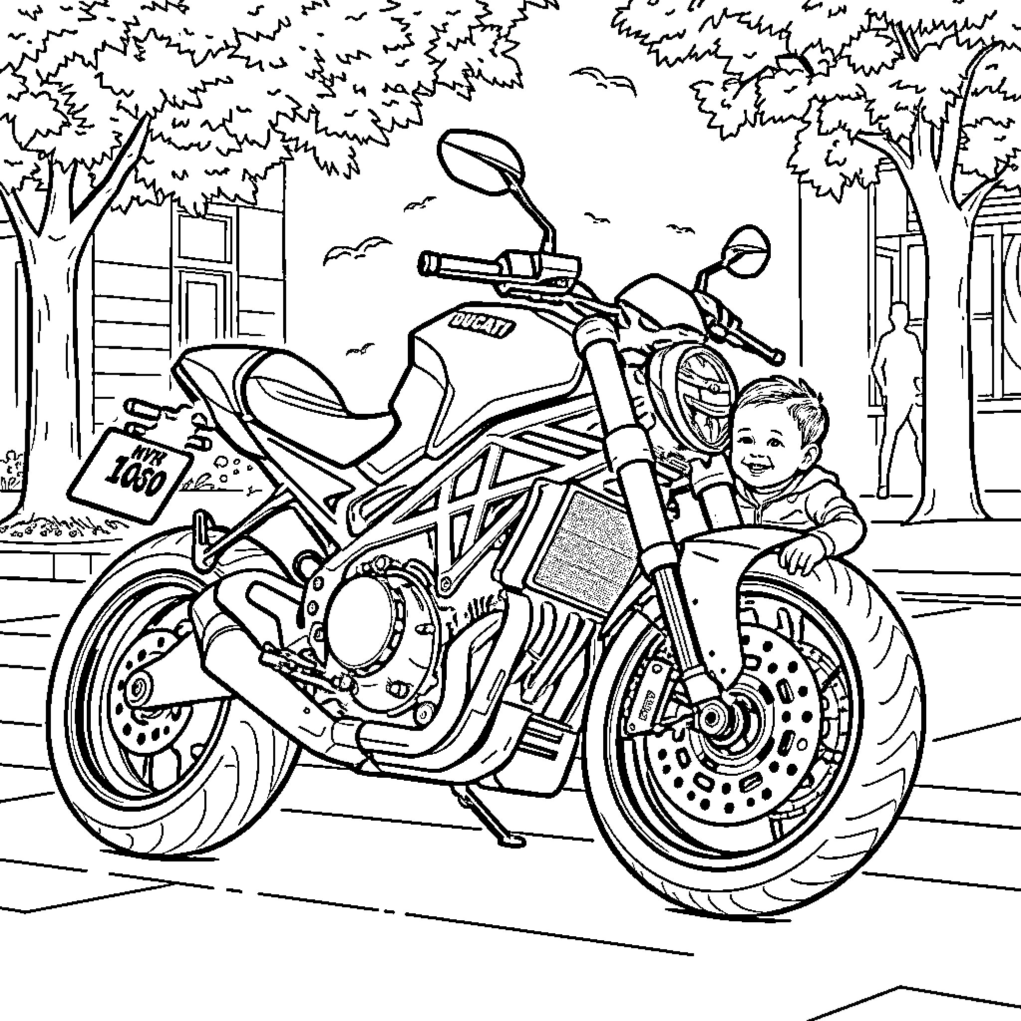 Ducati motorcycle on a city street with a person Coloring Page (free black-and-white line drawing printable PDF for all, from beginners to advanced learners, including children, teens, adults, and seniors)