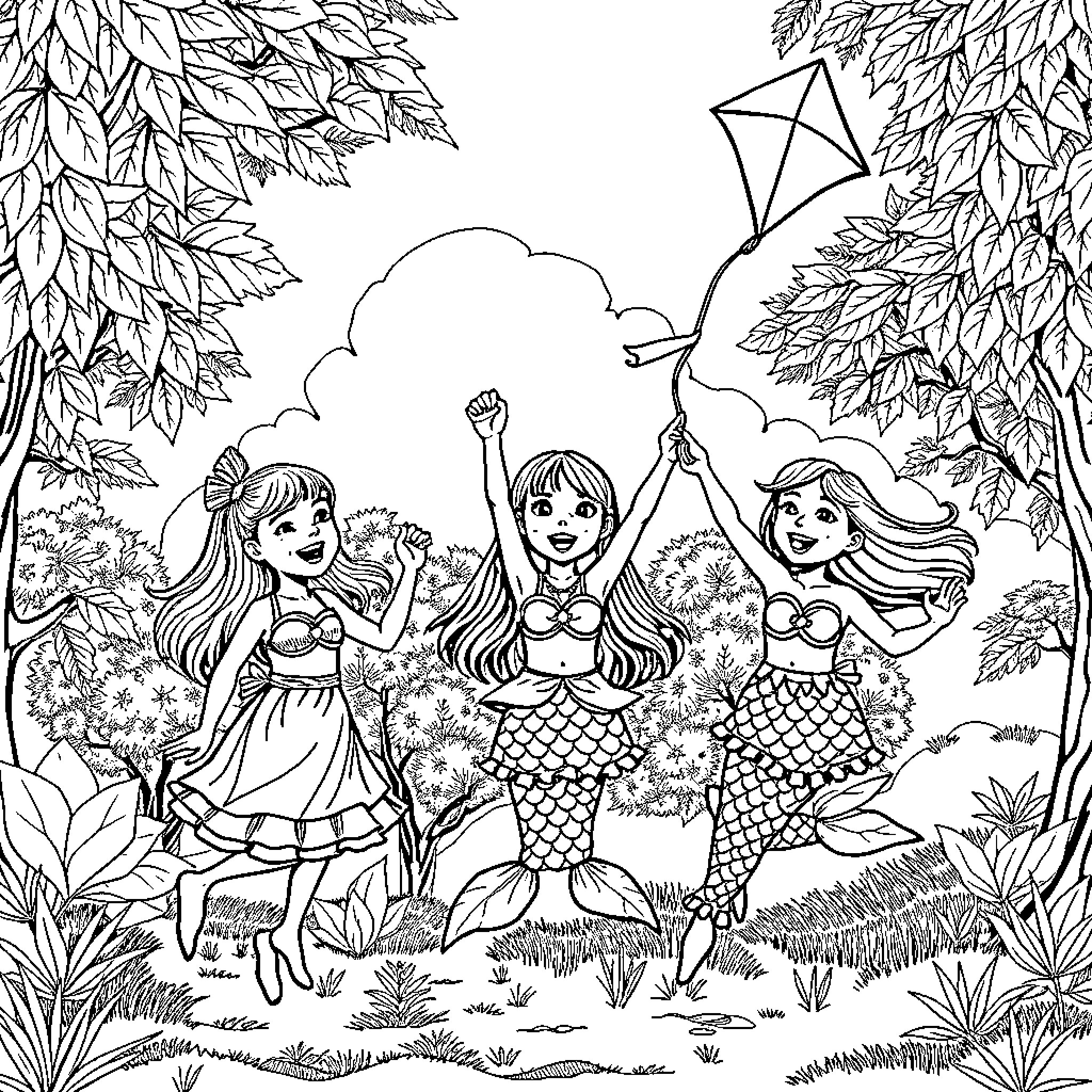 Girls playing joyfully in a magical forest Coloring Page (free black-and-white line drawing printable PDF for all, from beginners to advanced learners, including children, teens, adults, and seniors)
