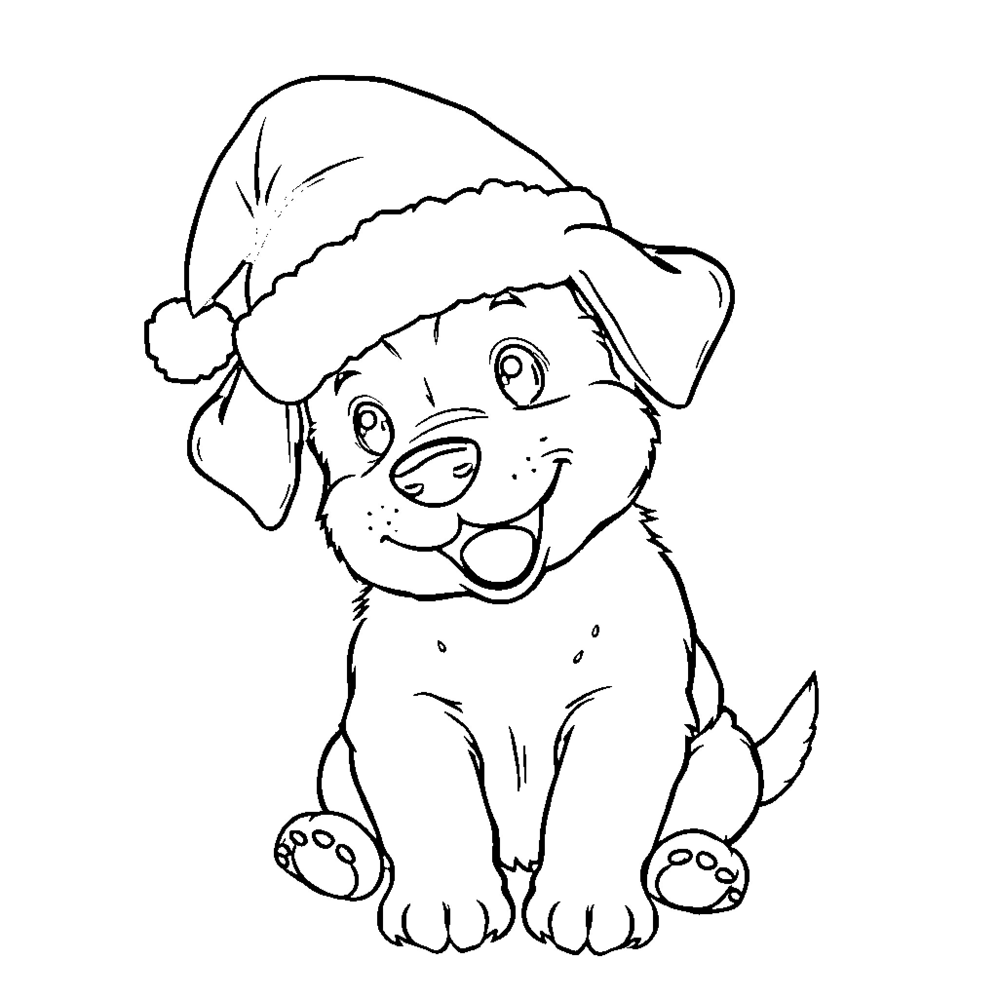 Puppy wearing a Santa hat and smiling Coloring Page (free black-and-white line drawing printable PDF for all, from beginners to advanced learners, including children, teens, adults, and seniors)