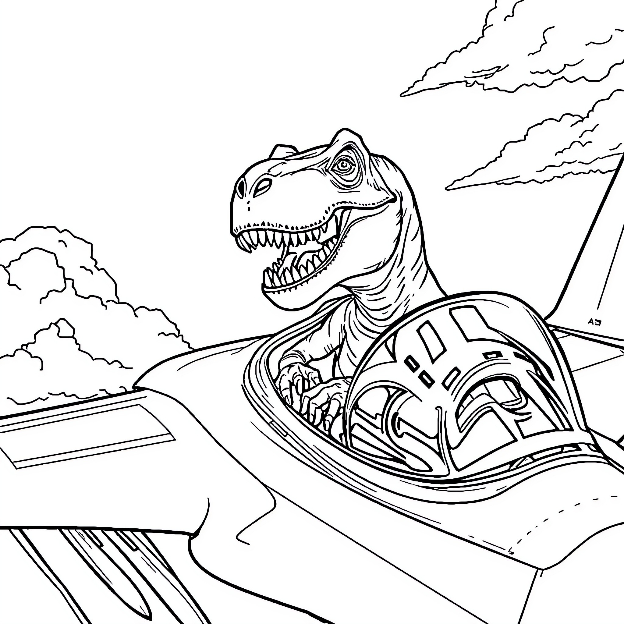 T-Rex Pilots Futuristic Aircraft in Cloudy Skies Coloring Page (free black-and-white line drawing printable PDF for all, from beginners to advanced learners, including children, teens, adults, and seniors)