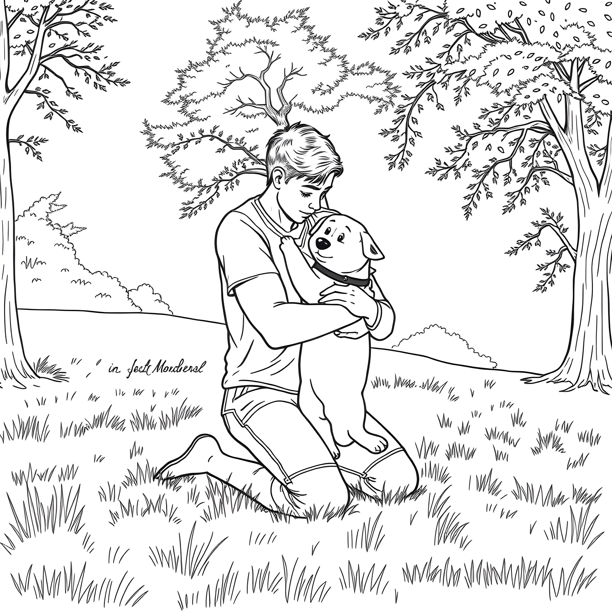 Dog and owner enjoying outdoor adventure Coloring Page (free black-and-white line drawing printable PDF for all, from beginners to advanced learners, including children, teens, adults, and seniors)