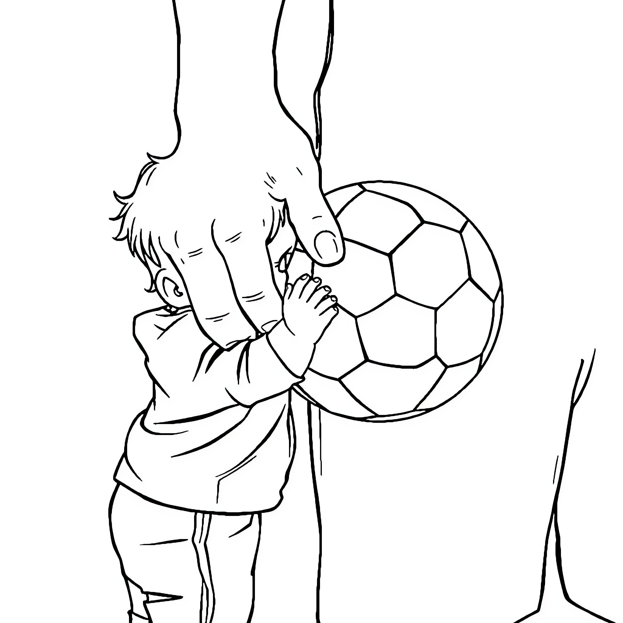Child playing with soccer ball joyfully Coloring Page (free black-and-white line drawing printable PDF for all, from beginners to advanced learners, including children, teens, adults, and seniors)