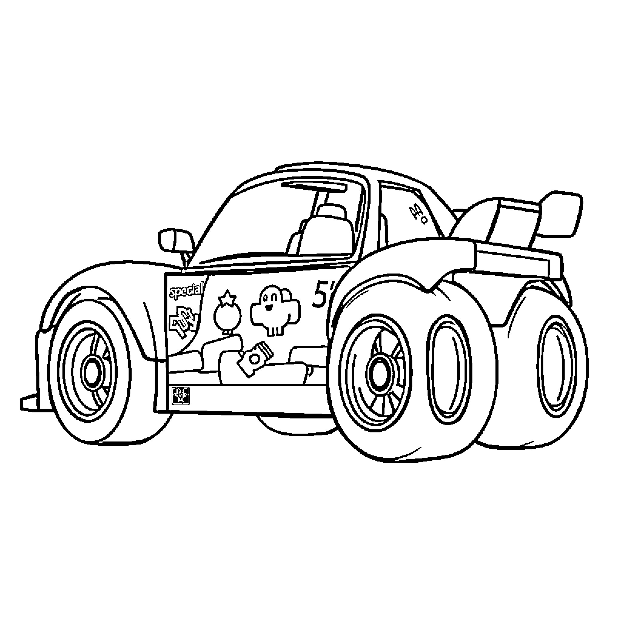 Racing Car with Distinctive Markings and Accessories Coloring Page (free black-and-white line drawing printable PDF for all, from beginners to advanced learners, including children, teens, adults, and seniors)